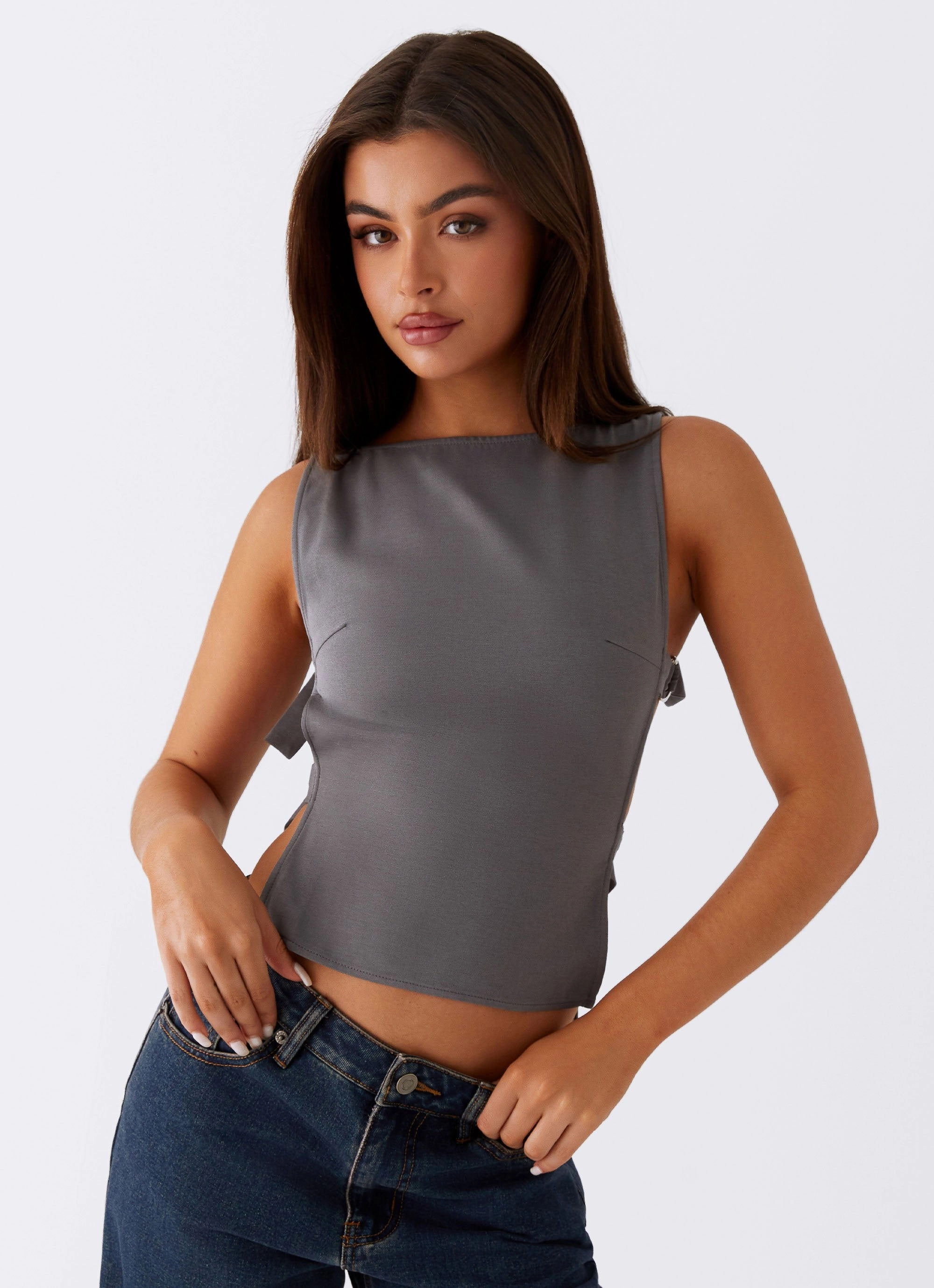 Cherish You Buckle Top - Charcoal ThermalLining Stretch Waistband Design