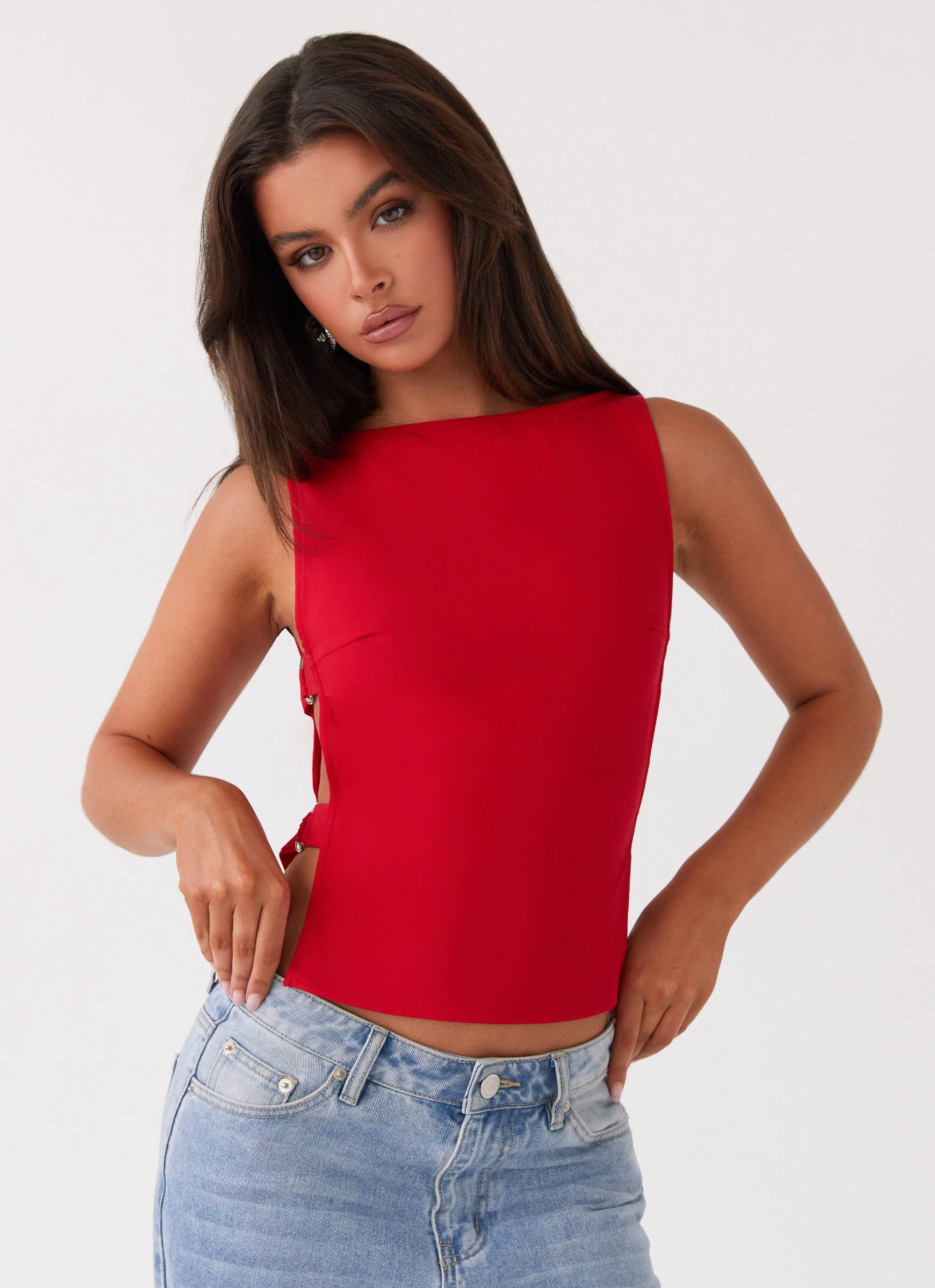 Cherish You Buckle Top - Red Elegant Blouse HighCollar Design