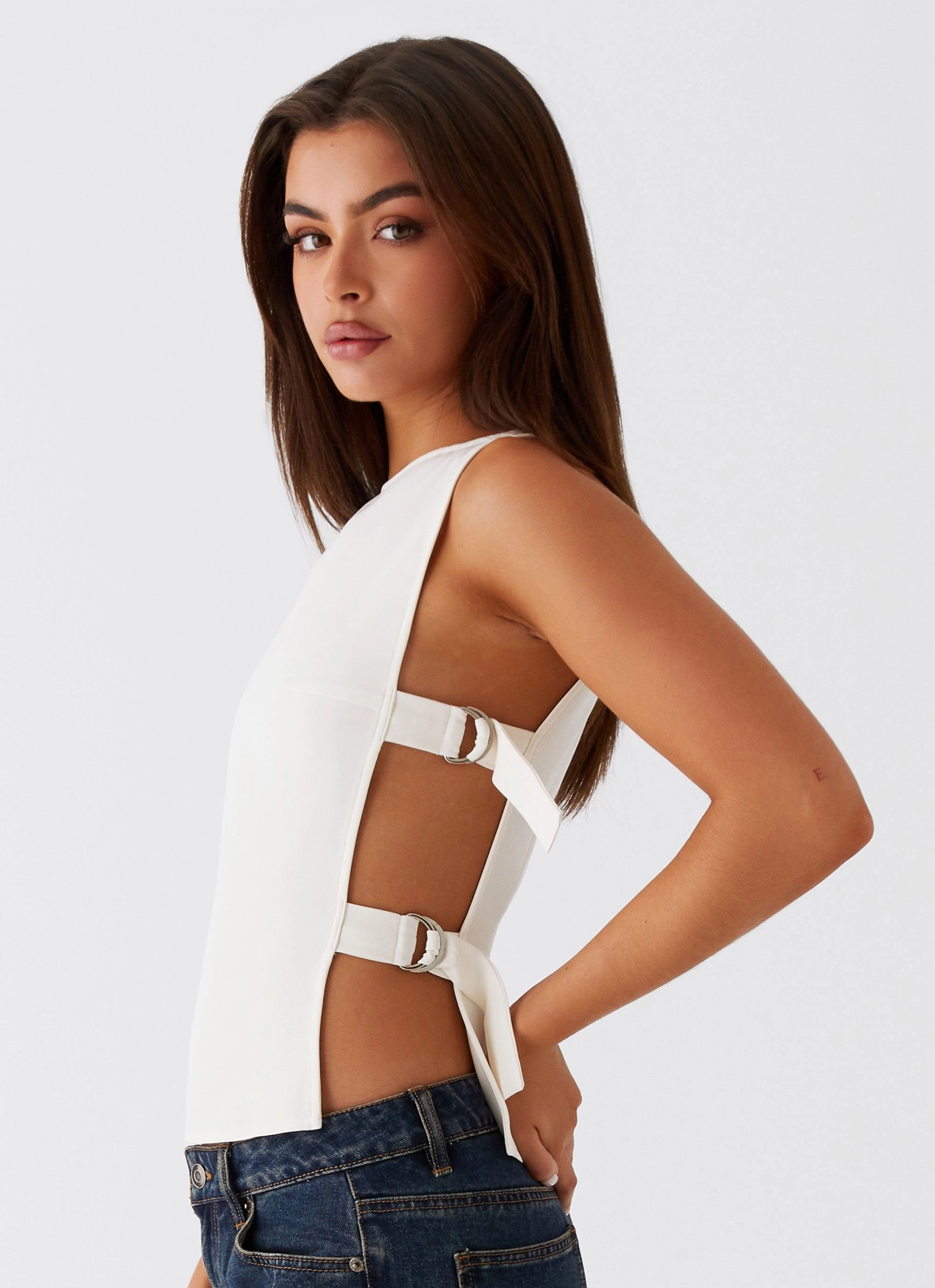 HighNeck Flexible Knit Cherish You Buckle Top - White