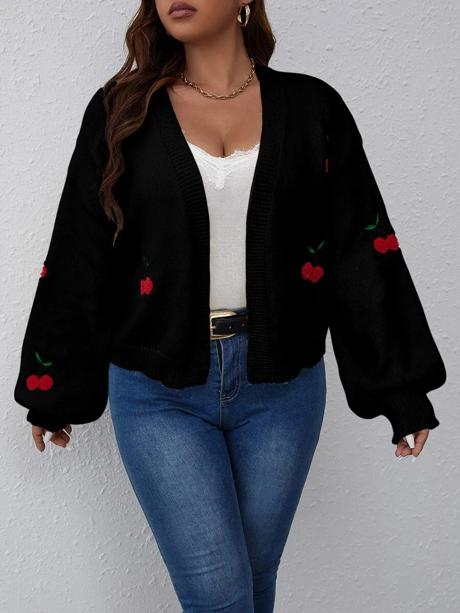 Cherry Pattern Balloon Sleeve Duster Cardigan