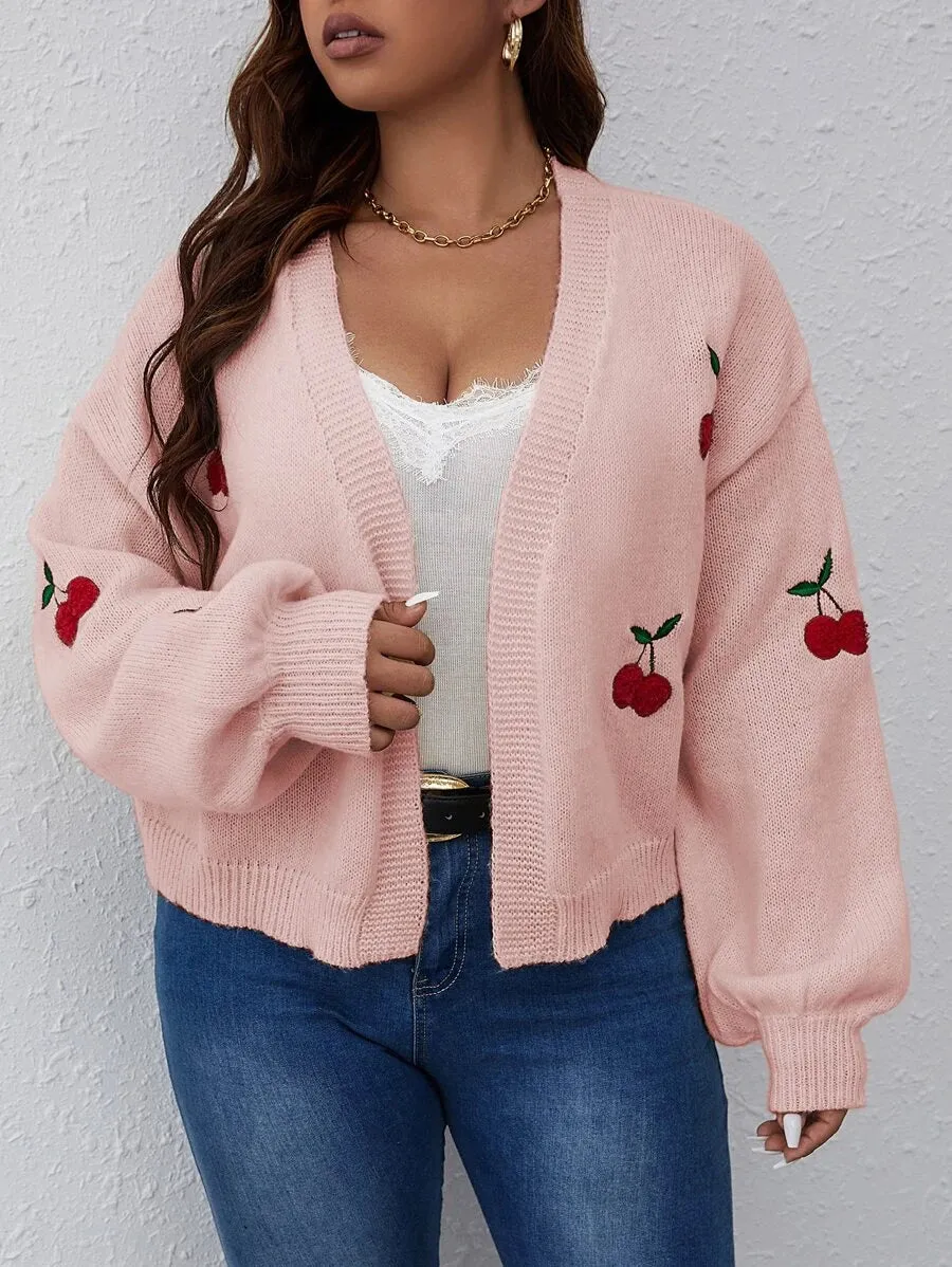 Cherry Pattern Balloon Sleeve Duster Cardigan