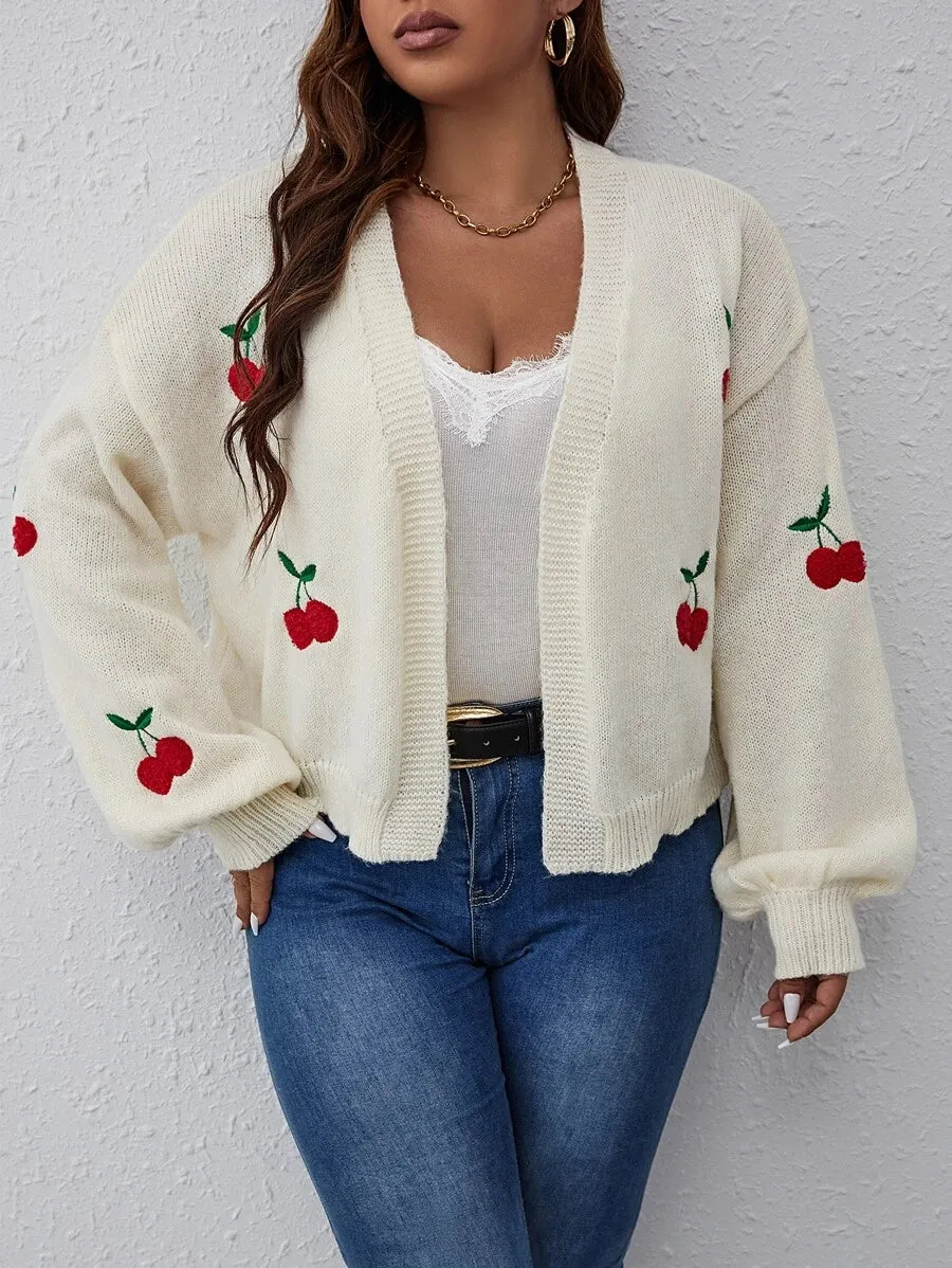 Cherry Pattern Balloon Sleeve Duster Cardigan