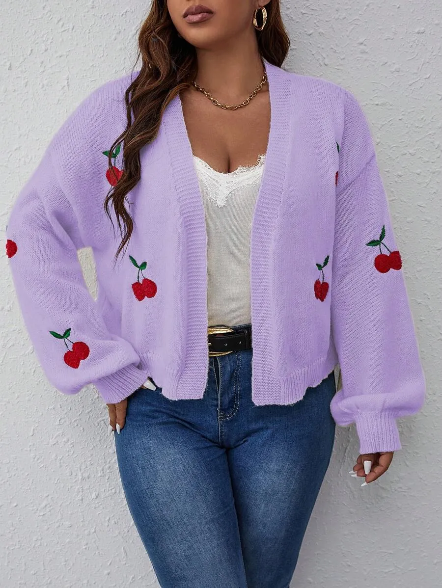 Cherry Pattern Balloon Sleeve Duster Cardigan