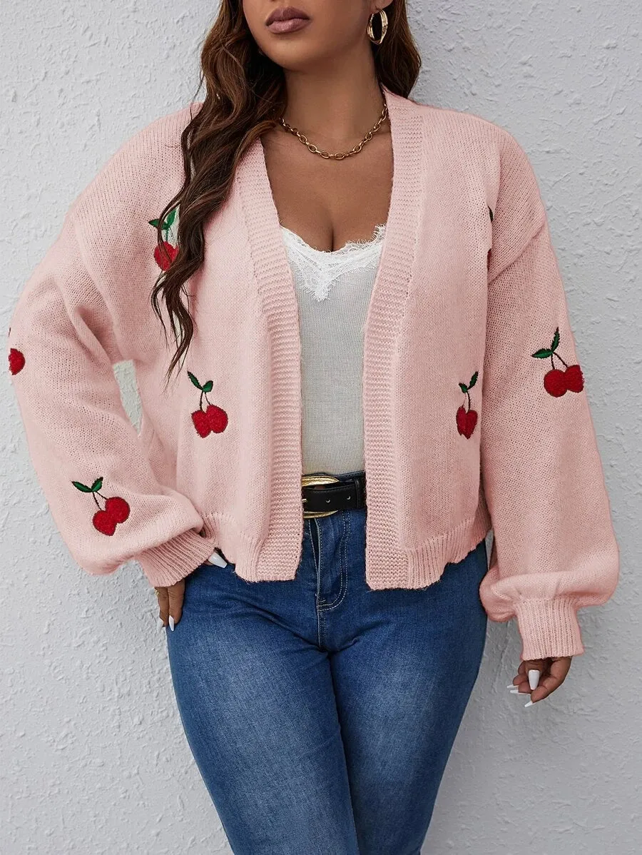 Cherry Pattern Balloon Sleeve Duster Cardigan