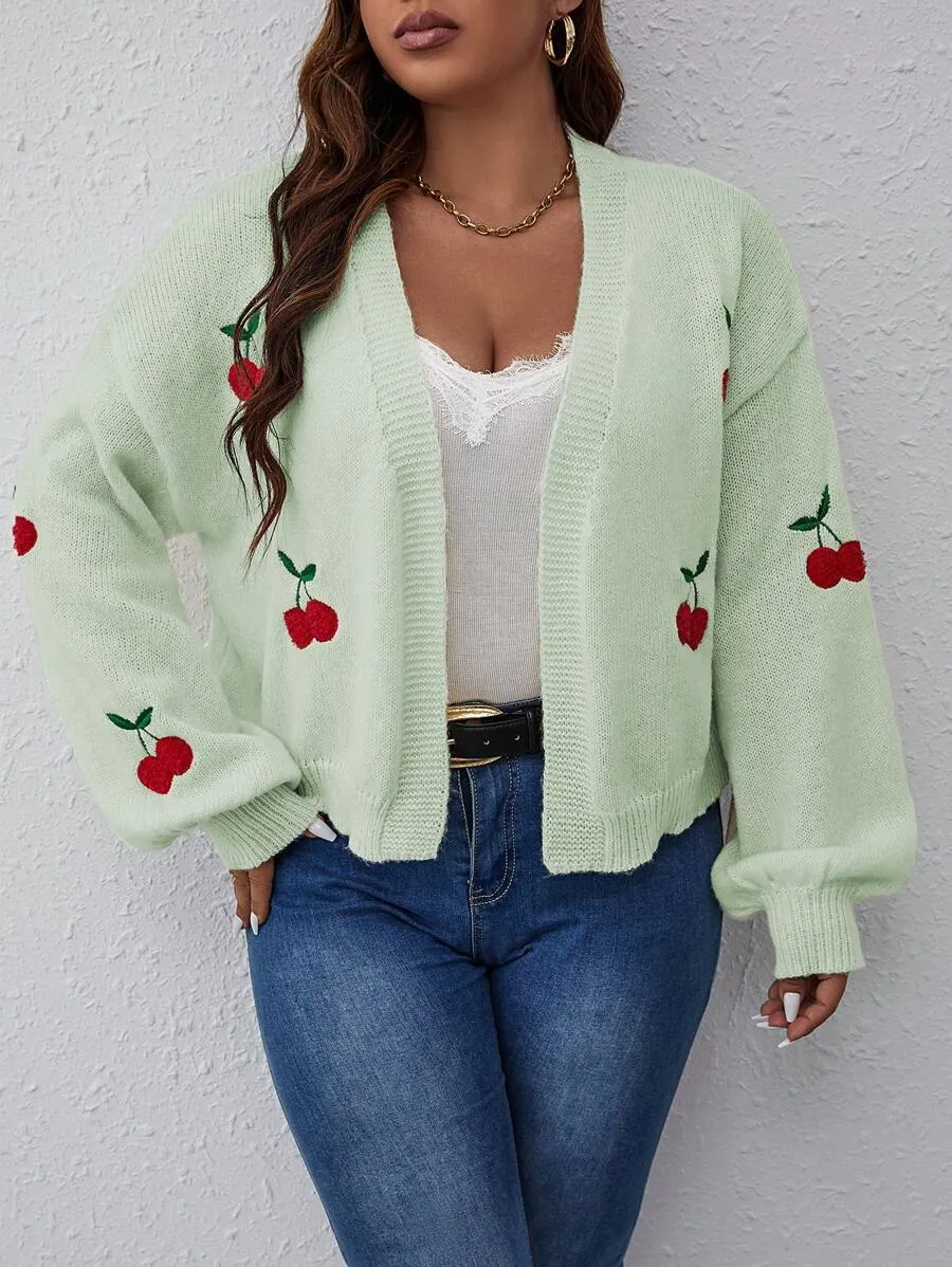 Cherry Pattern Balloon Sleeve Duster Cardigan