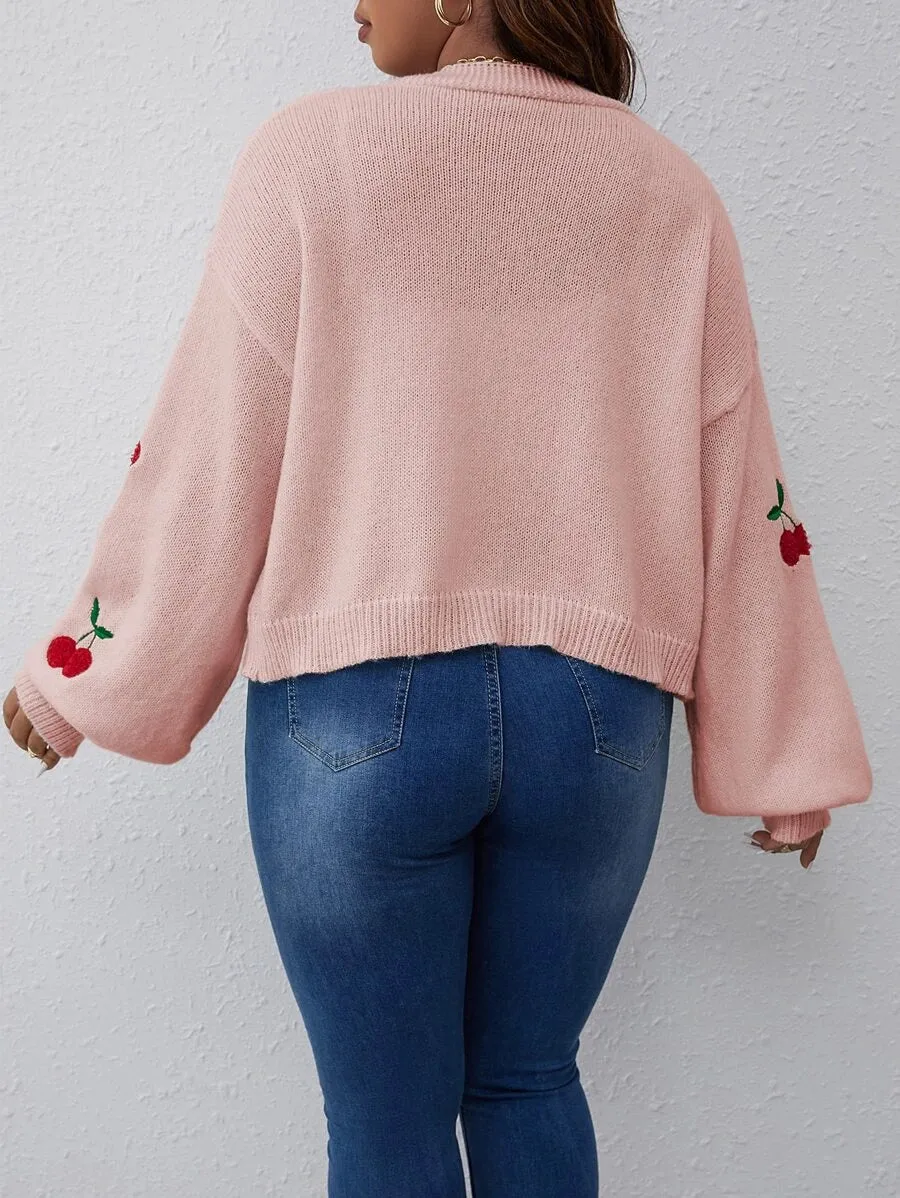 Cherry Pattern Balloon Sleeve Duster Cardigan