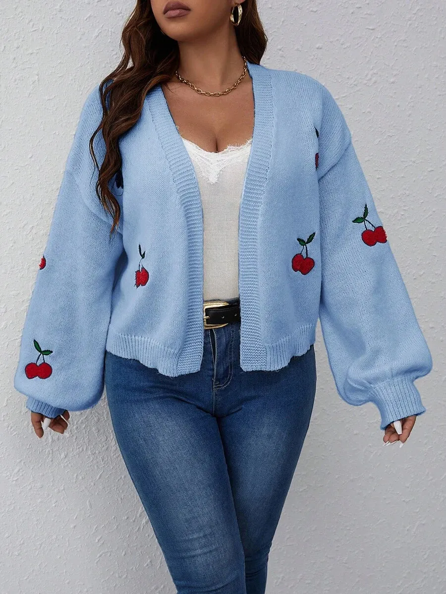 Cherry Pattern Balloon Sleeve Duster Cardigan