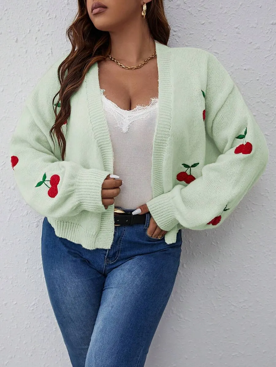 Cherry Pattern Balloon Sleeve Duster Cardigan