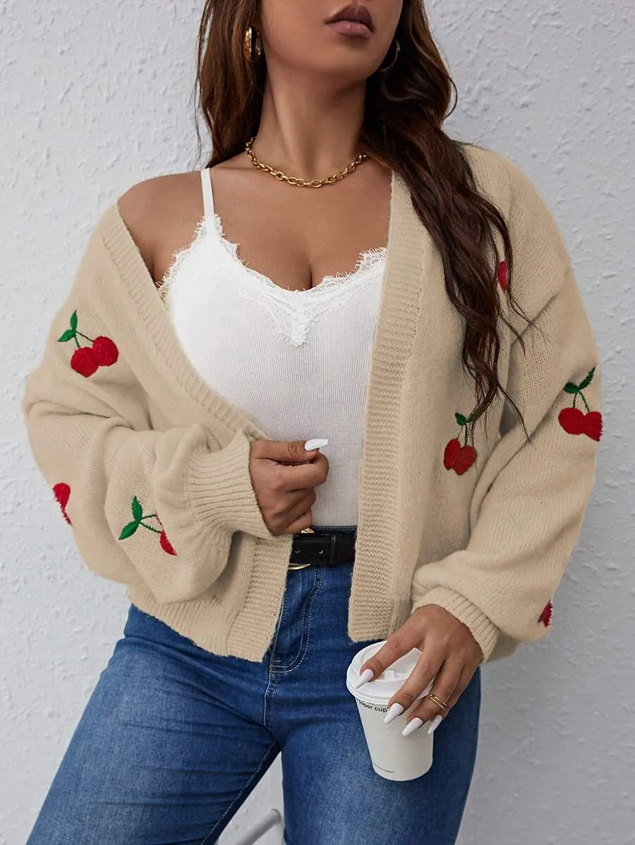 Cherry Pattern Balloon Sleeve Duster Cardigan
