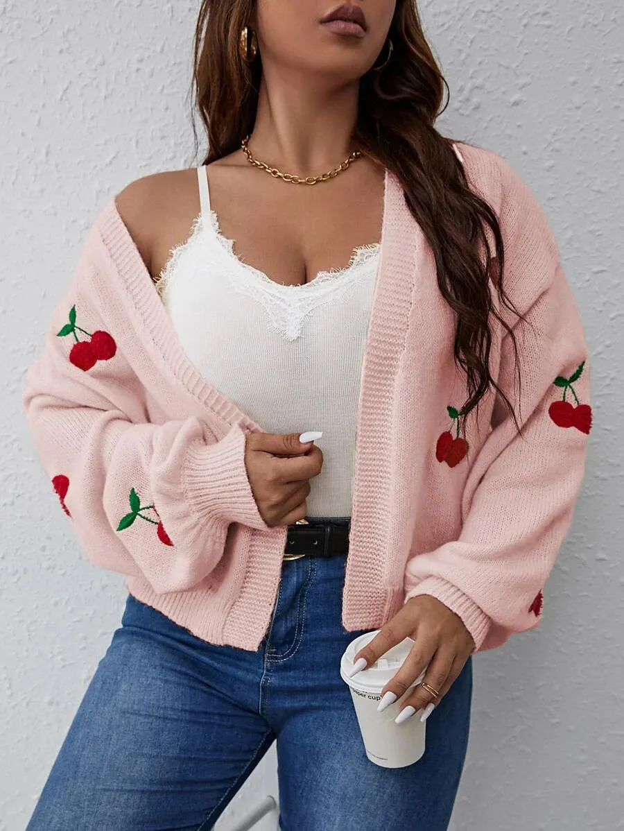 Cherry Pattern Balloon Sleeve Duster Cardigan