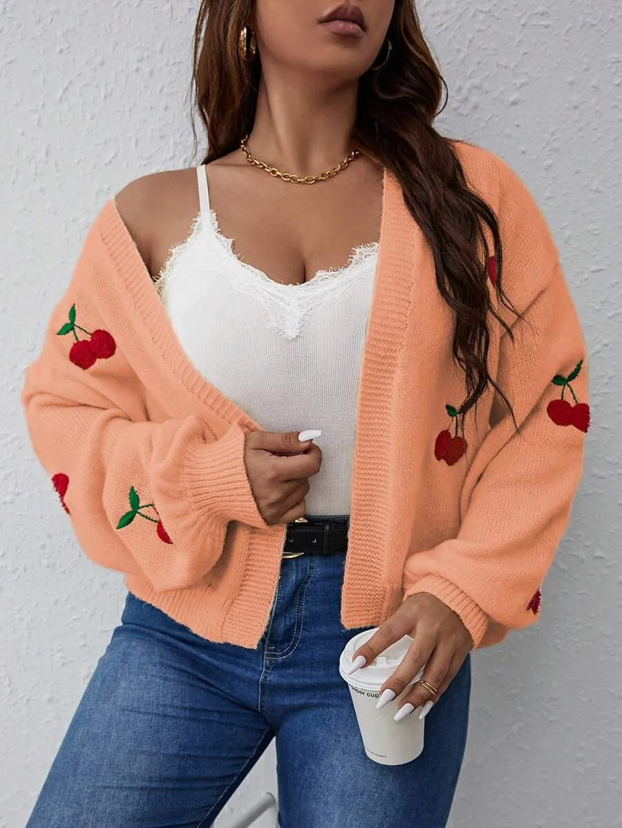 Cherry Pattern Balloon Sleeve Duster Cardigan