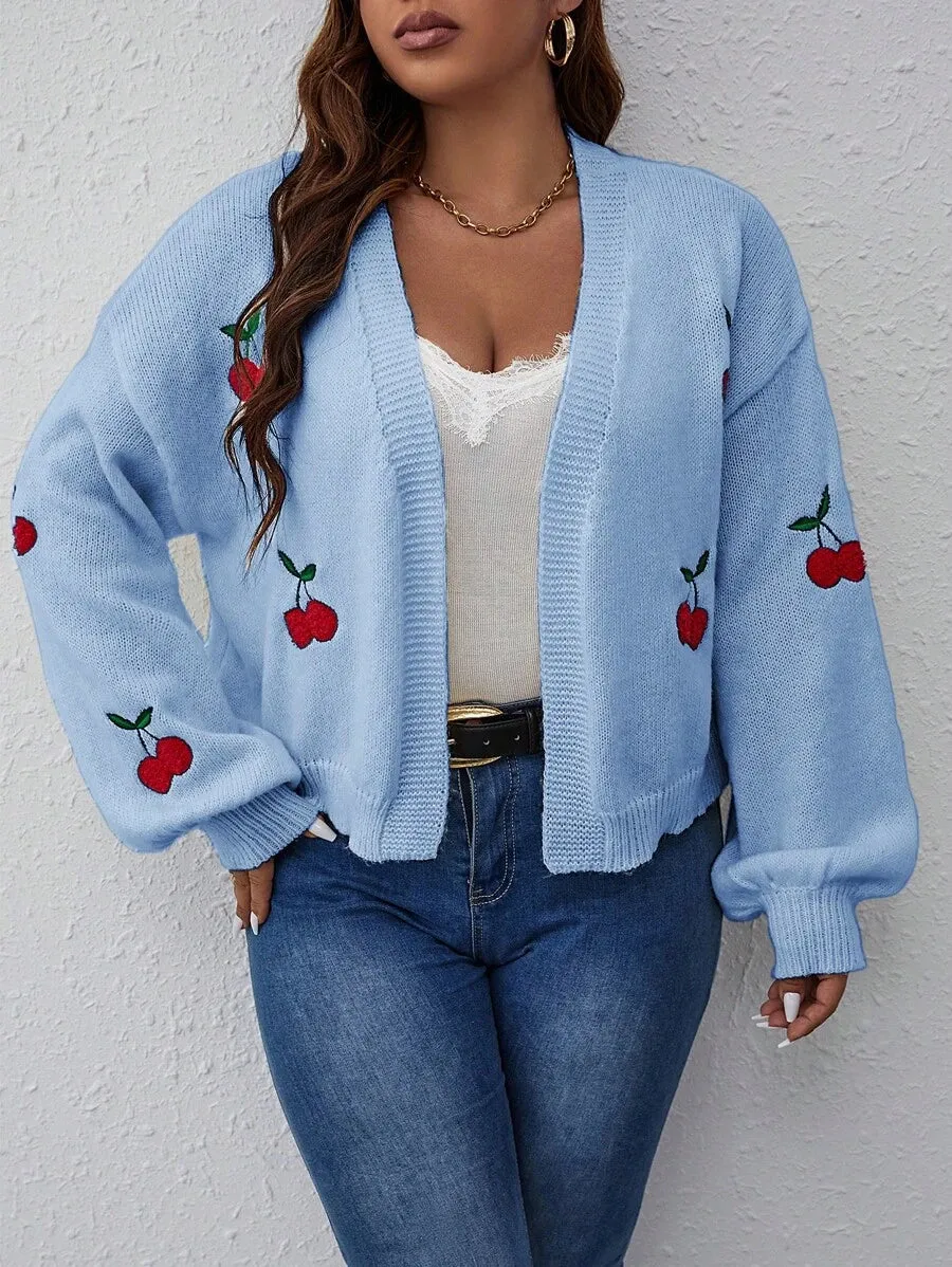 Cherry Pattern Balloon Sleeve Duster Cardigan