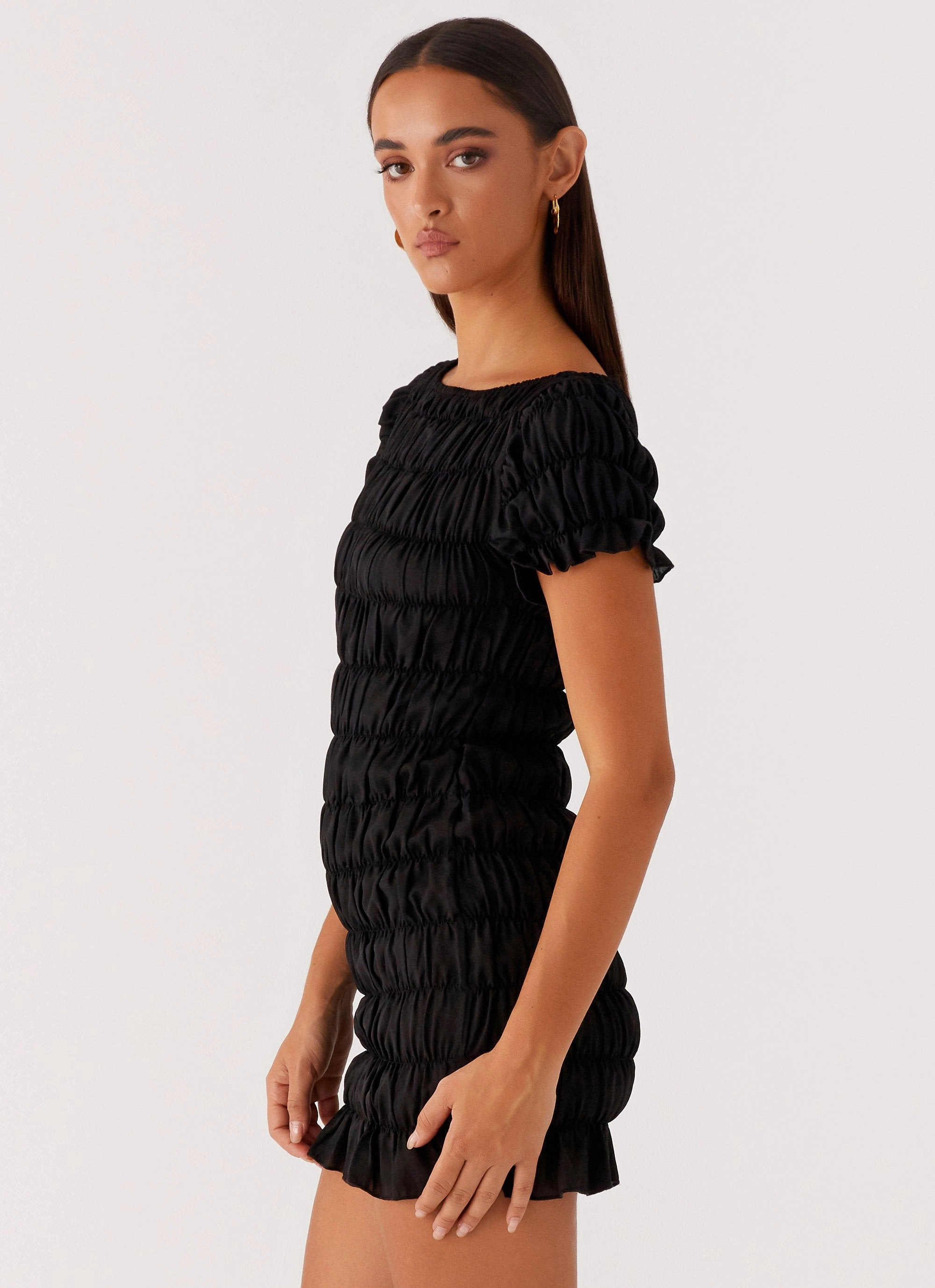 Rita Ruched Mini Dress - Black Wide Hemline