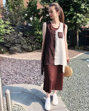 Chiffon Long Top Plain Cotton Maxi Dress (BROWN)