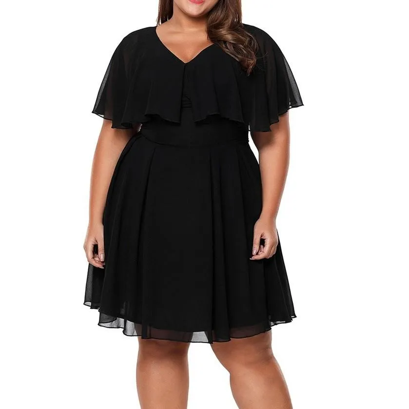 Chiffon Lotus leaf sleeve V neck Plus size casual Dresses