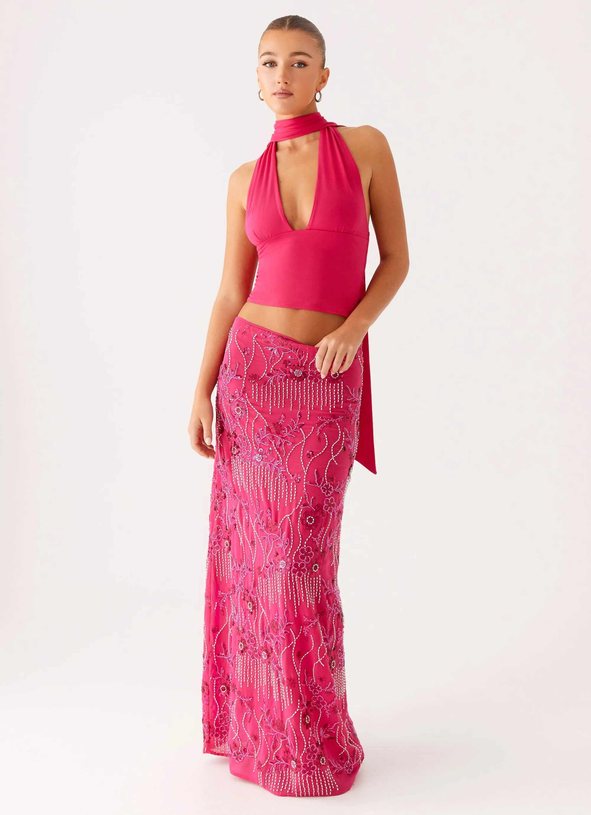 Frayed Finish Corinna Low Rise Sequin Maxi Skirt - Fuchsia