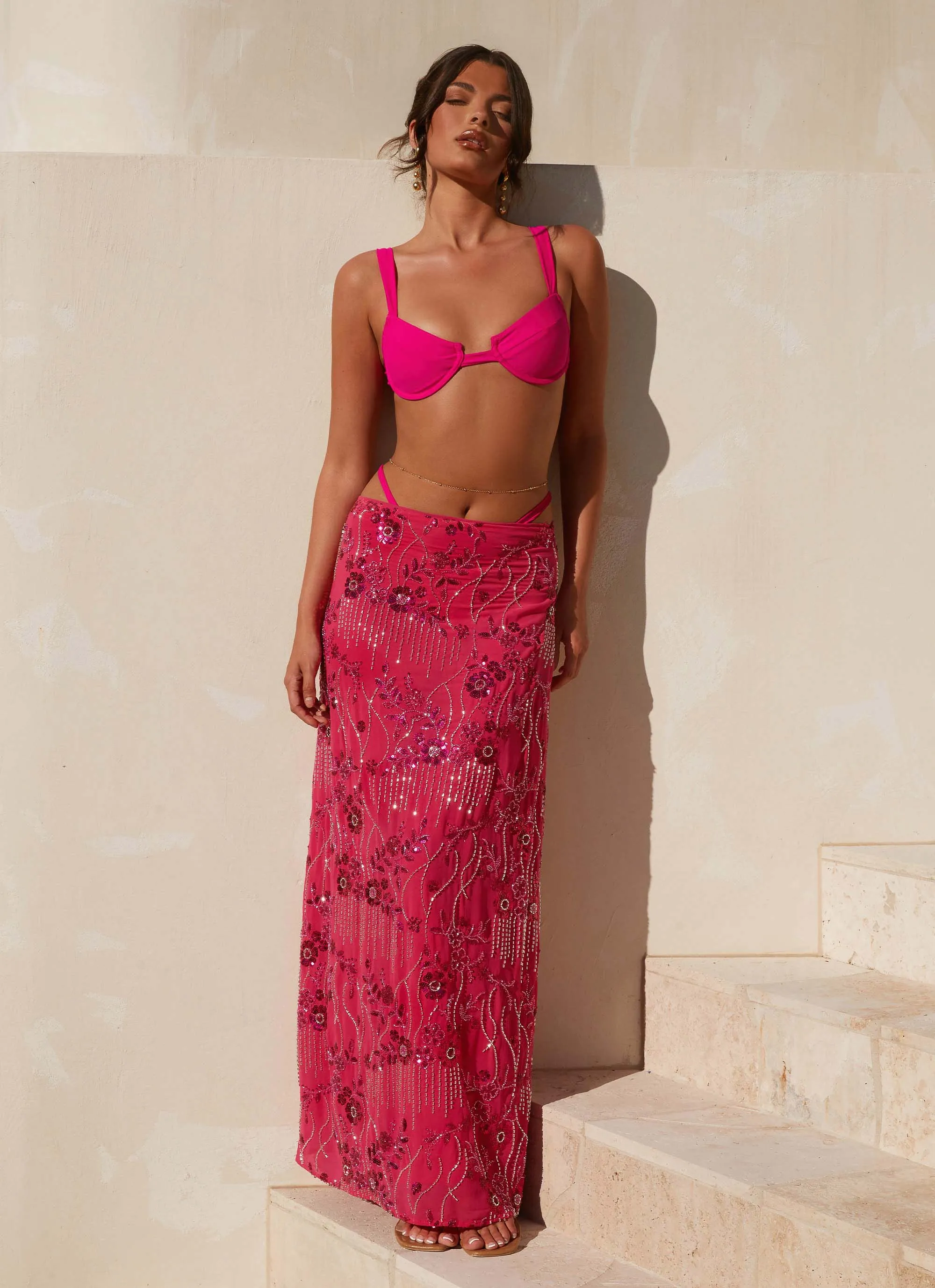 Corinna Low Rise Sequin Maxi Skirt - Fuchsia Lightweight Material