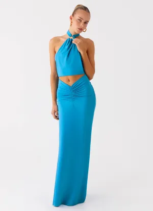 Chiquita Halter Maxi Dress - Turquoise Blue Self Cleaning Fabric Chiquita Halter Maxi Dress - Turquoise Blue Stretchable Material Edgy style