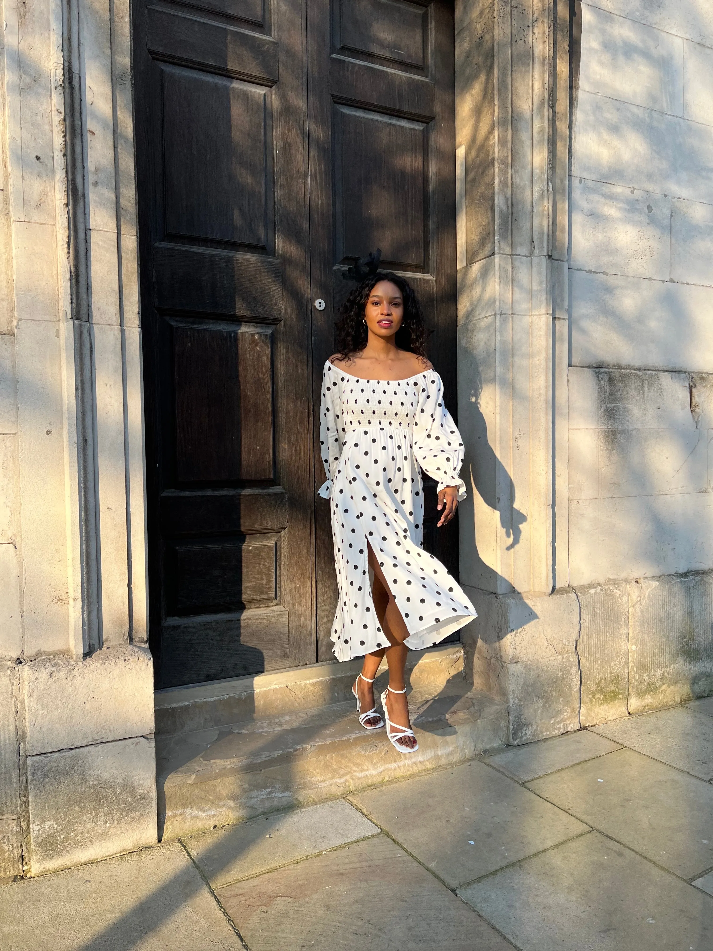 Layered Fabric Chloe Shirred Long Sleeve Midi Dress / Mono Spot