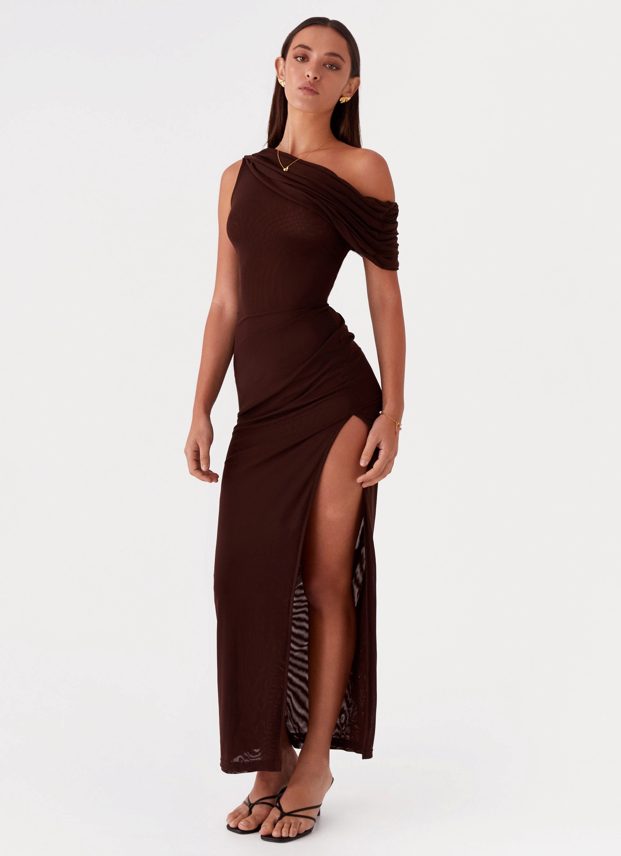 Modern Twist Ciara One Shoulder Draped Maxi Dress - Chocolate