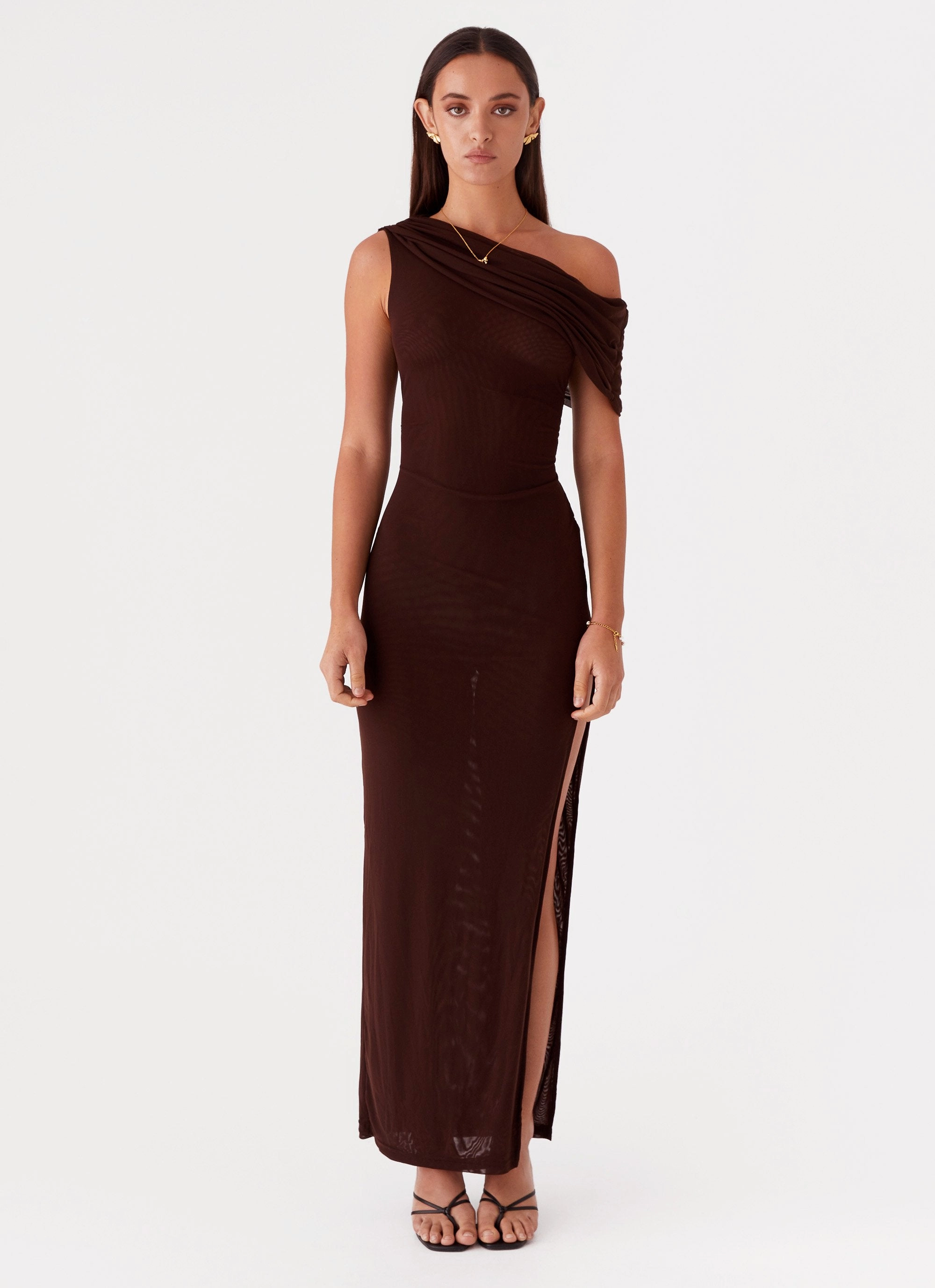 Subtle Glow Ciara One Shoulder Draped Maxi Dress - Chocolate