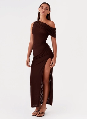 Ciara One Shoulder Draped Maxi Dress - Chocolate Knotted Detail Modern Twist Ciara One Shoulder Draped Maxi Dress - Chocolate