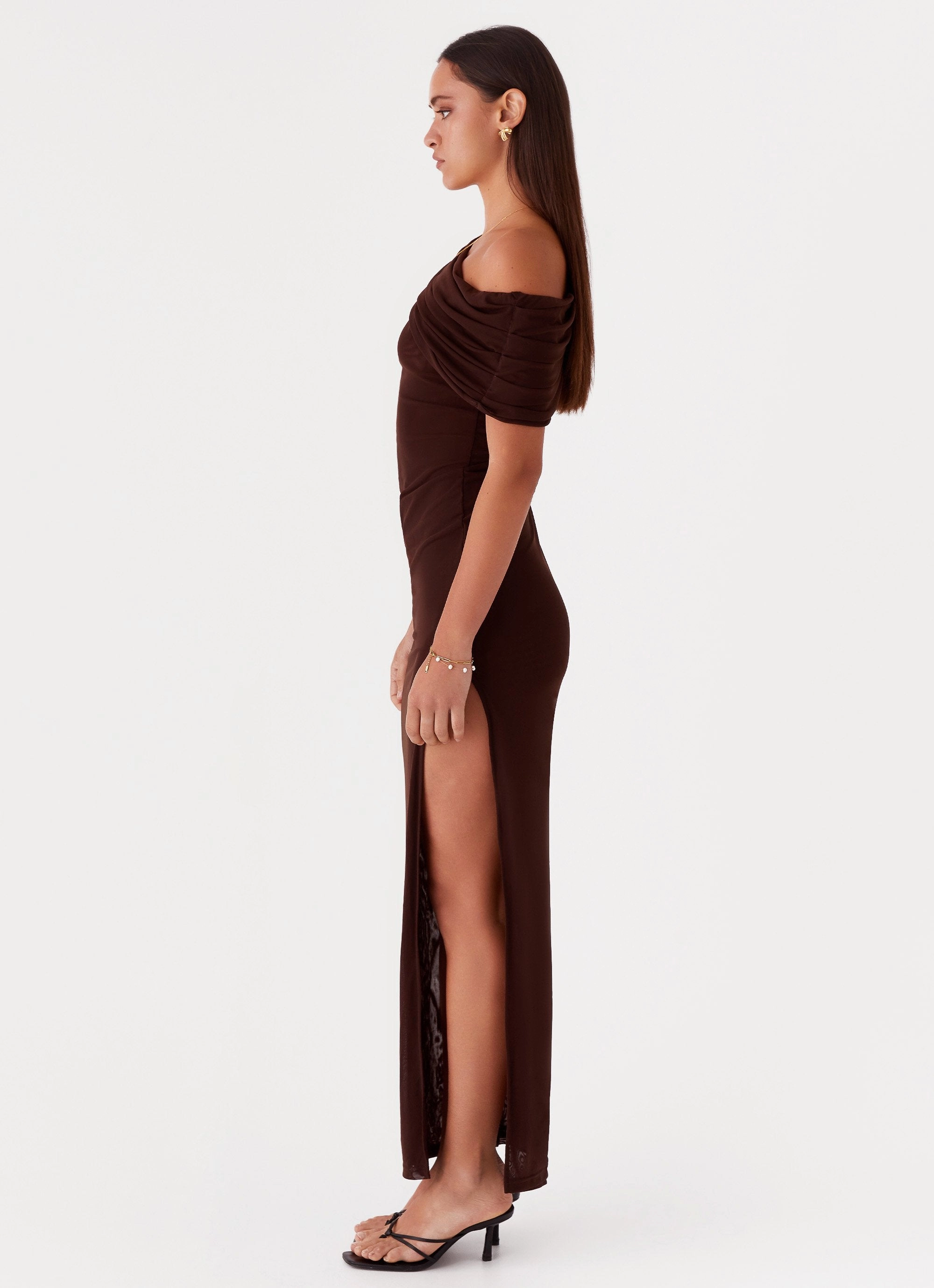 Breathable Ciara One Shoulder Draped Maxi Dress - Chocolate