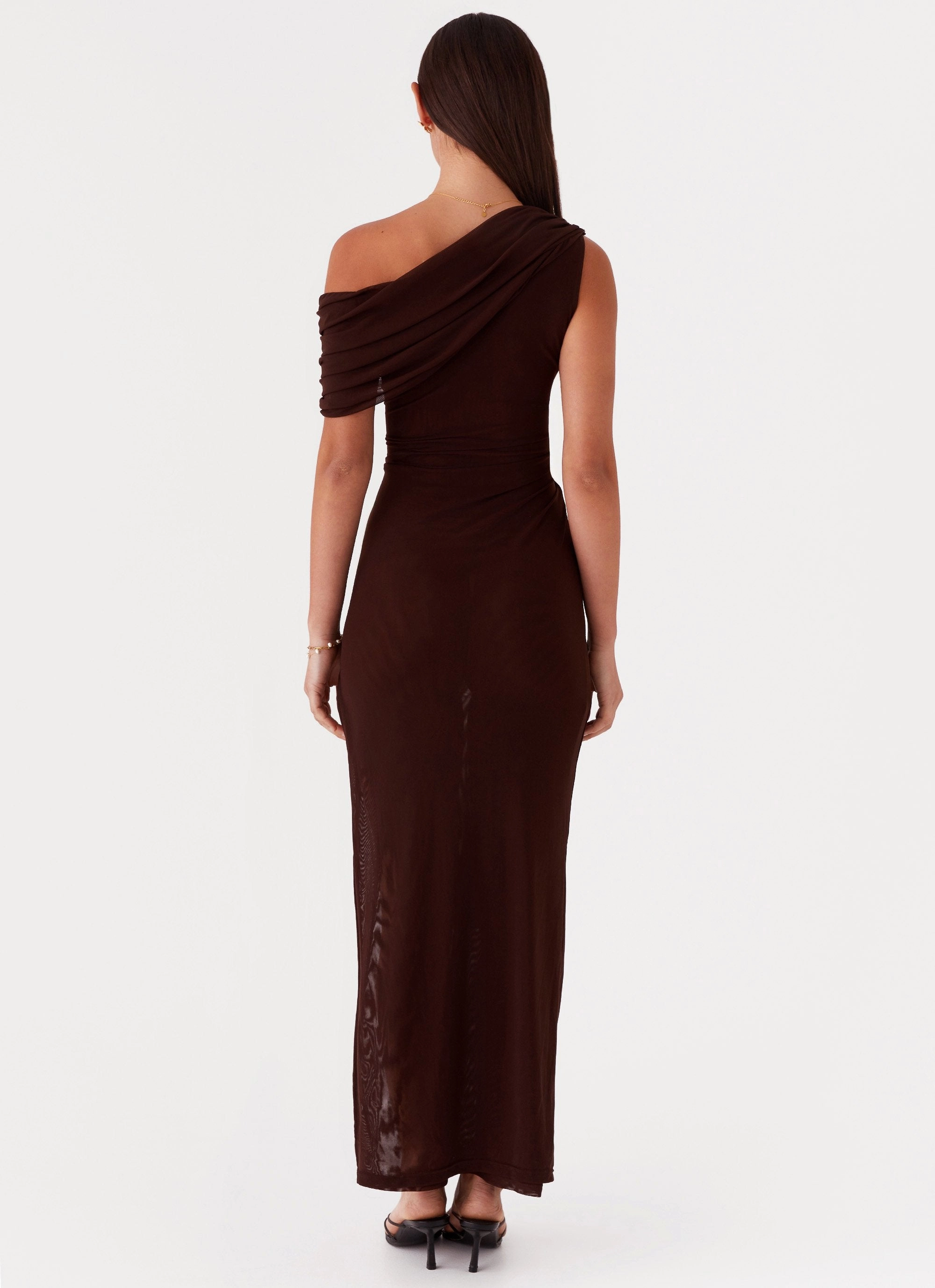 Airy Silk Easy Match Ciara One Shoulder Draped Maxi Dress - Chocolate
