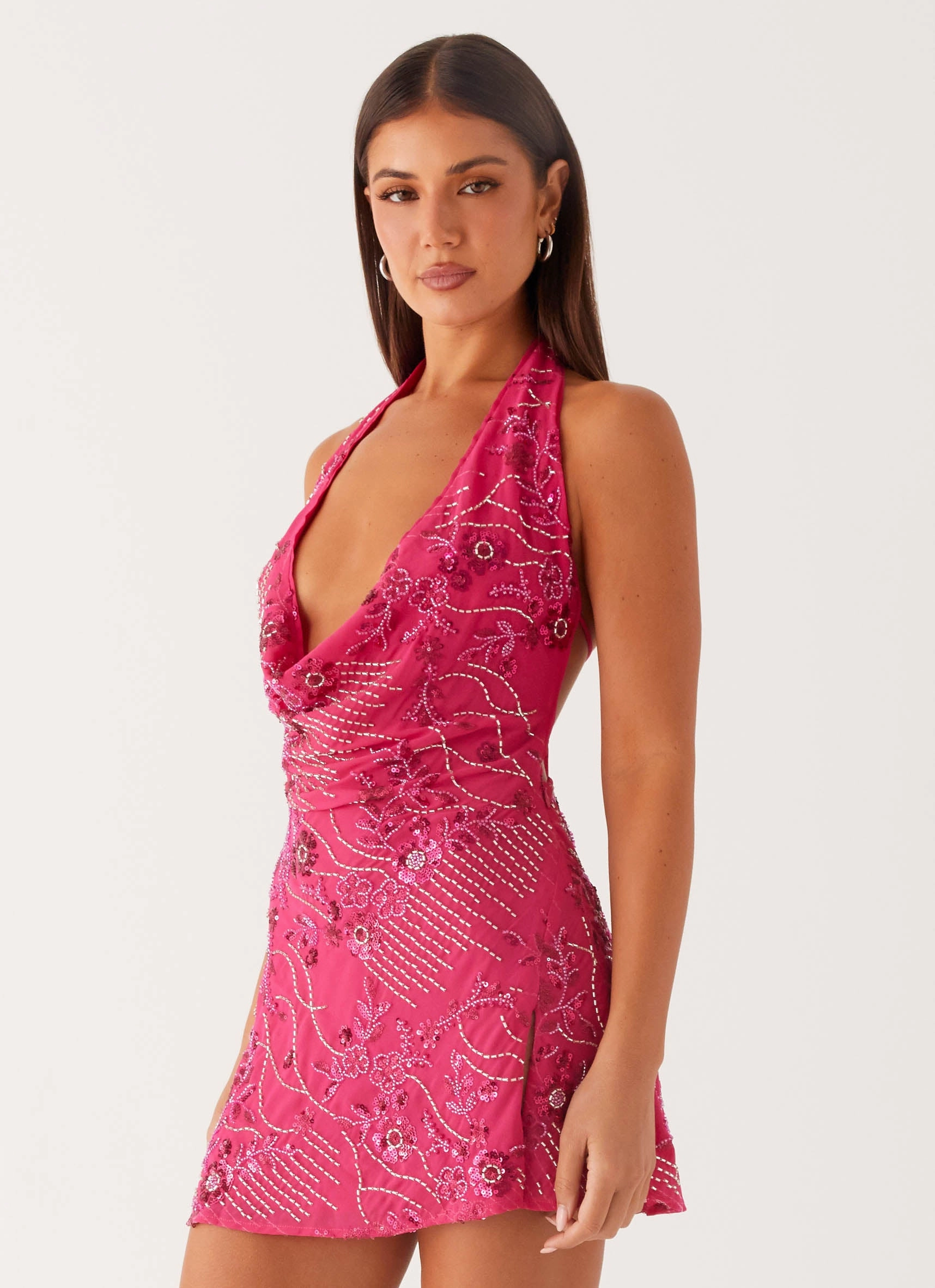 Fine Texture Perfect Style Cinzia Beaded Mini Dress - Fuchsia