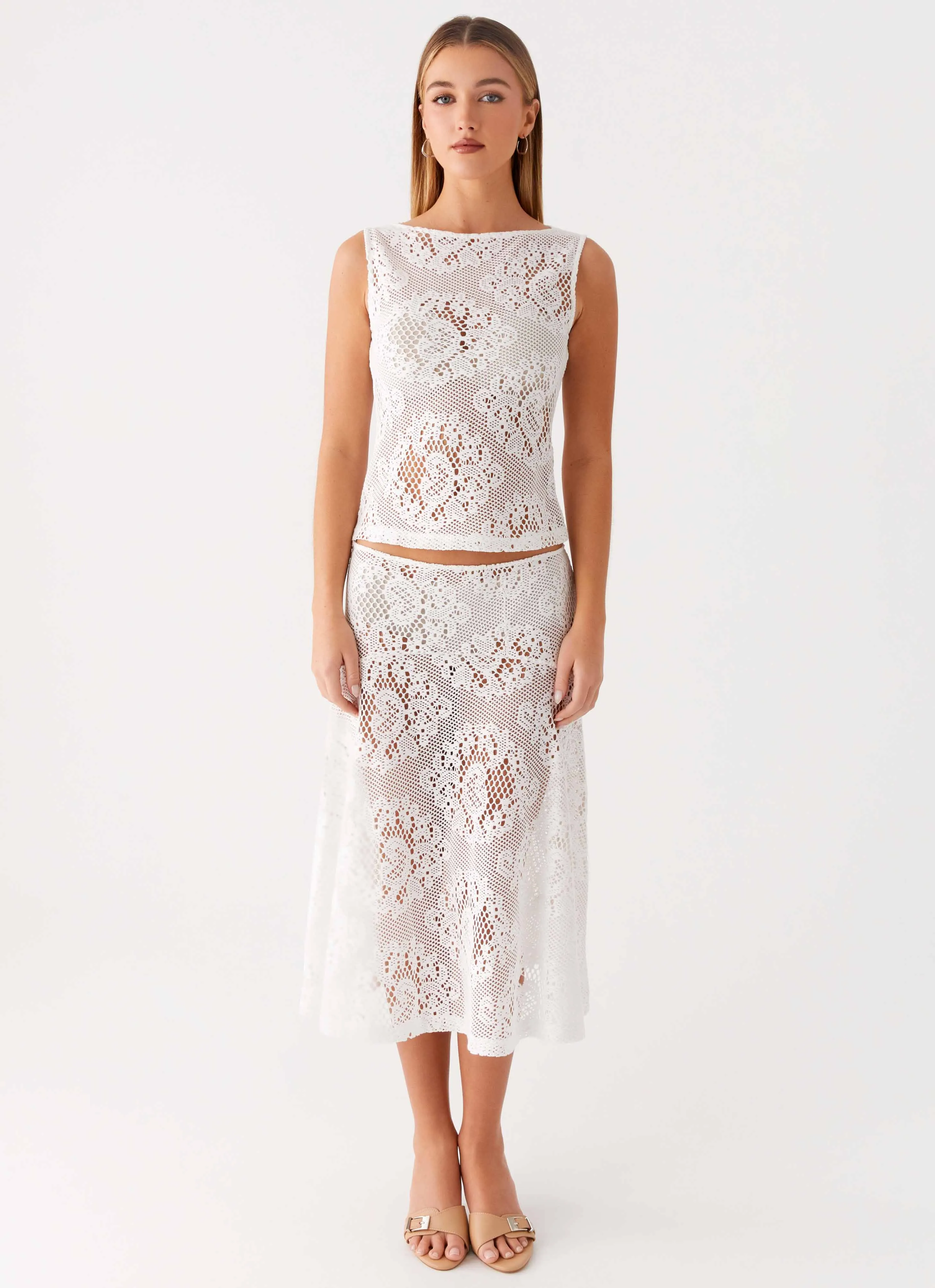Ethically Made Cotton Rich Virelle Lace Midi Skirt - Ivory