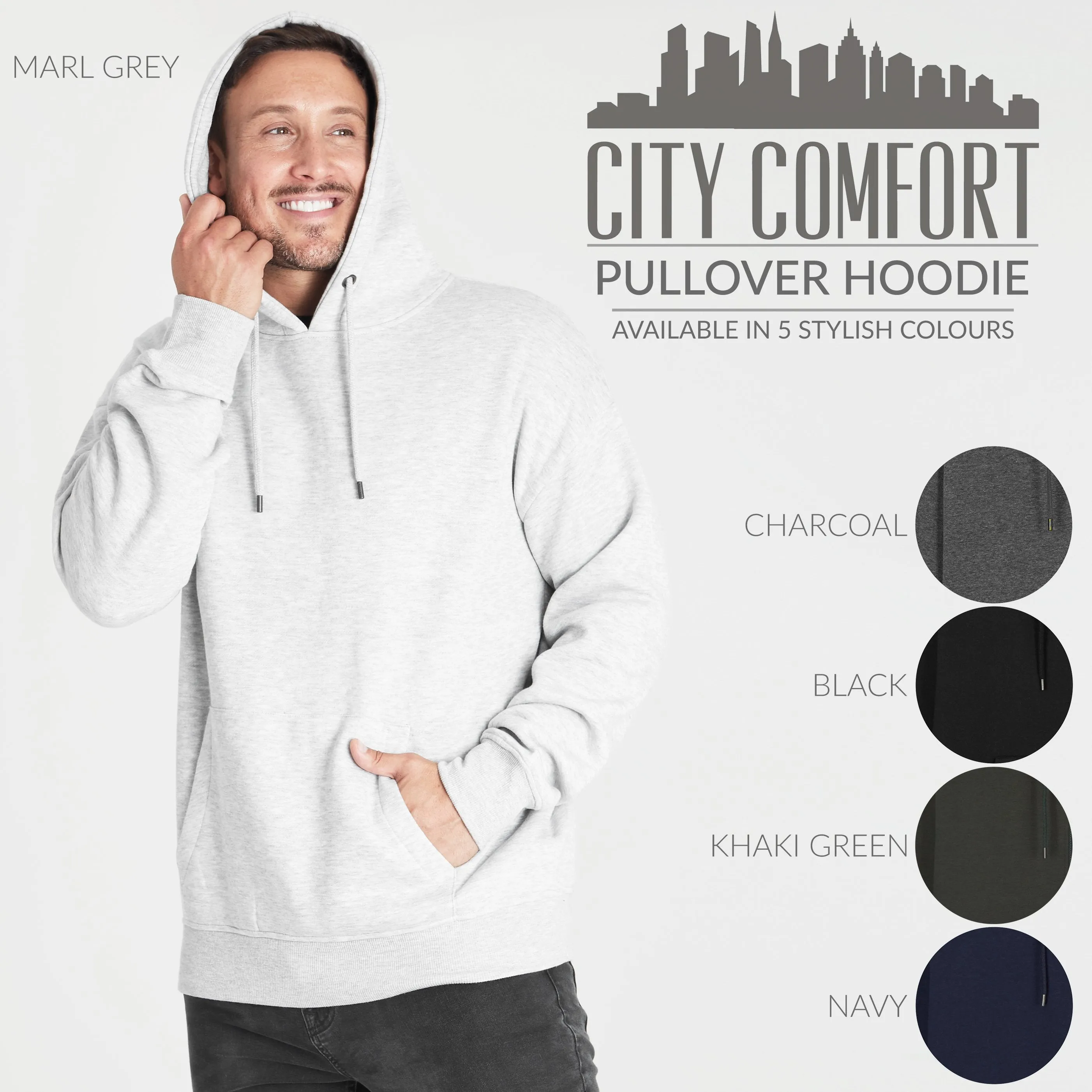 CityComfort Mens Hoodie, GREY MARL Plain Pullover Hooded Sweatshirts