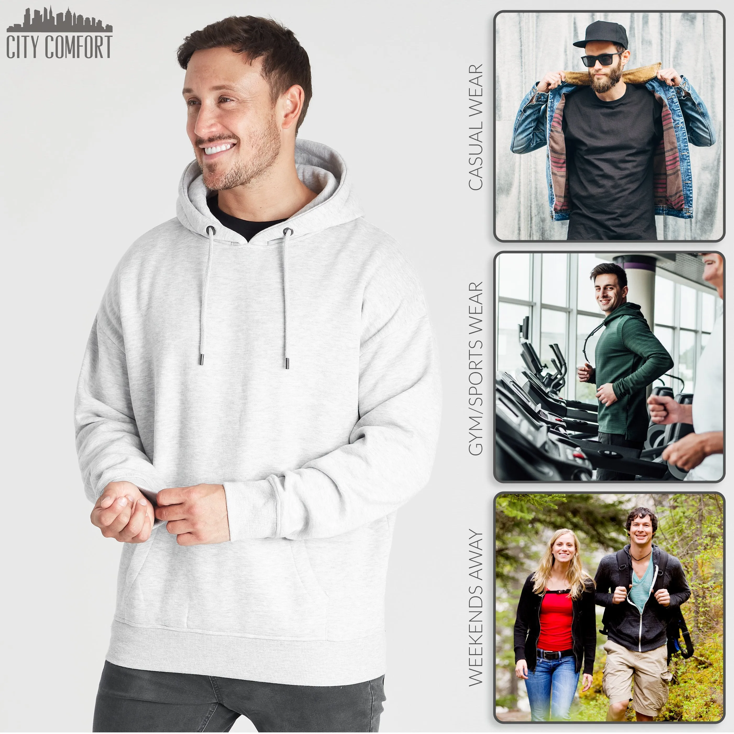 CityComfort Mens Hoodie, GREY MARL Plain Pullover Hooded Sweatshirts