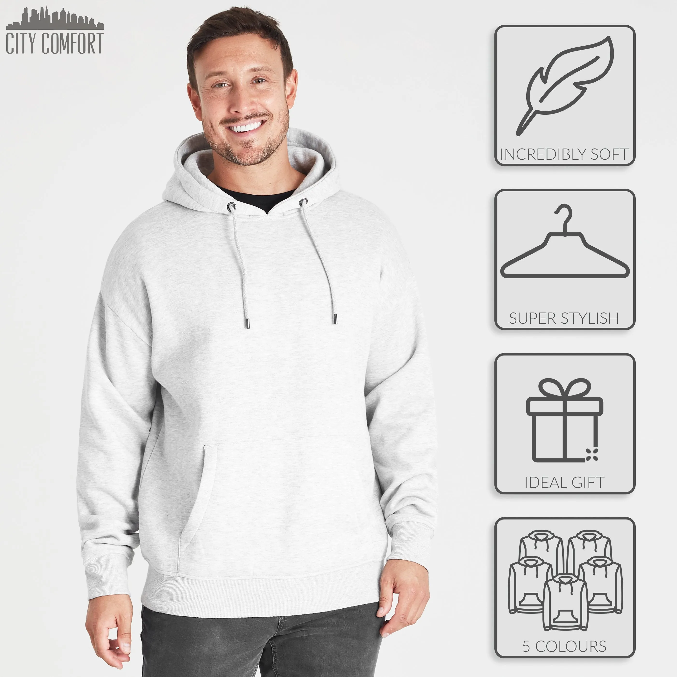 CityComfort Mens Hoodie, GREY MARL Plain Pullover Hooded Sweatshirts