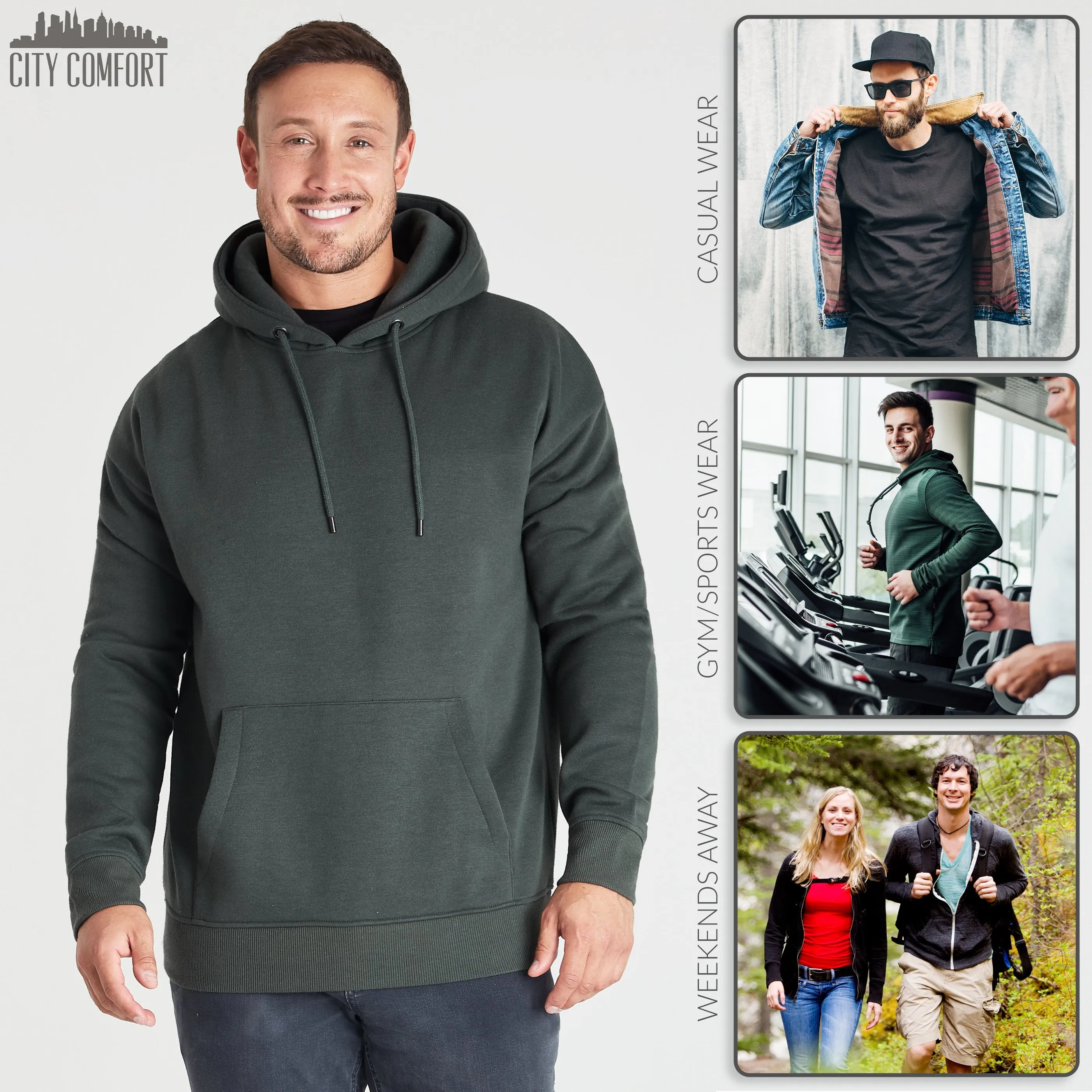 CityComfort Mens Hoodie, KHAKI Plain Pullover Hooded Sweatshirts