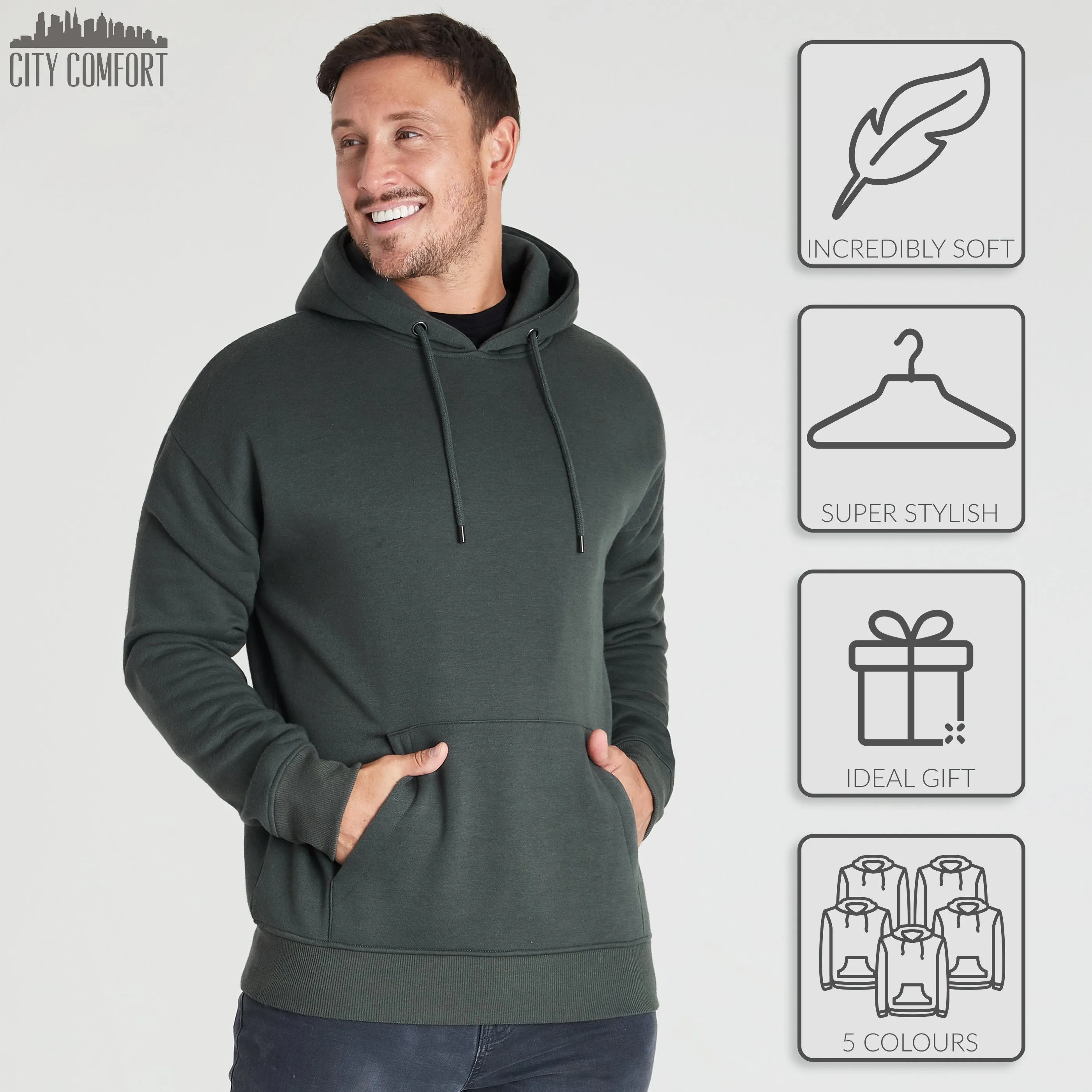 CityComfort Mens Hoodie, KHAKI Plain Pullover Hooded Sweatshirts