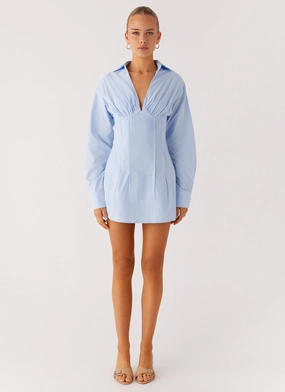 Clancy Mini Shirt Dress - Blue Casual Attire Clancy Mini Shirt Dress - Blue Comfort Waist Fit Relax Piece