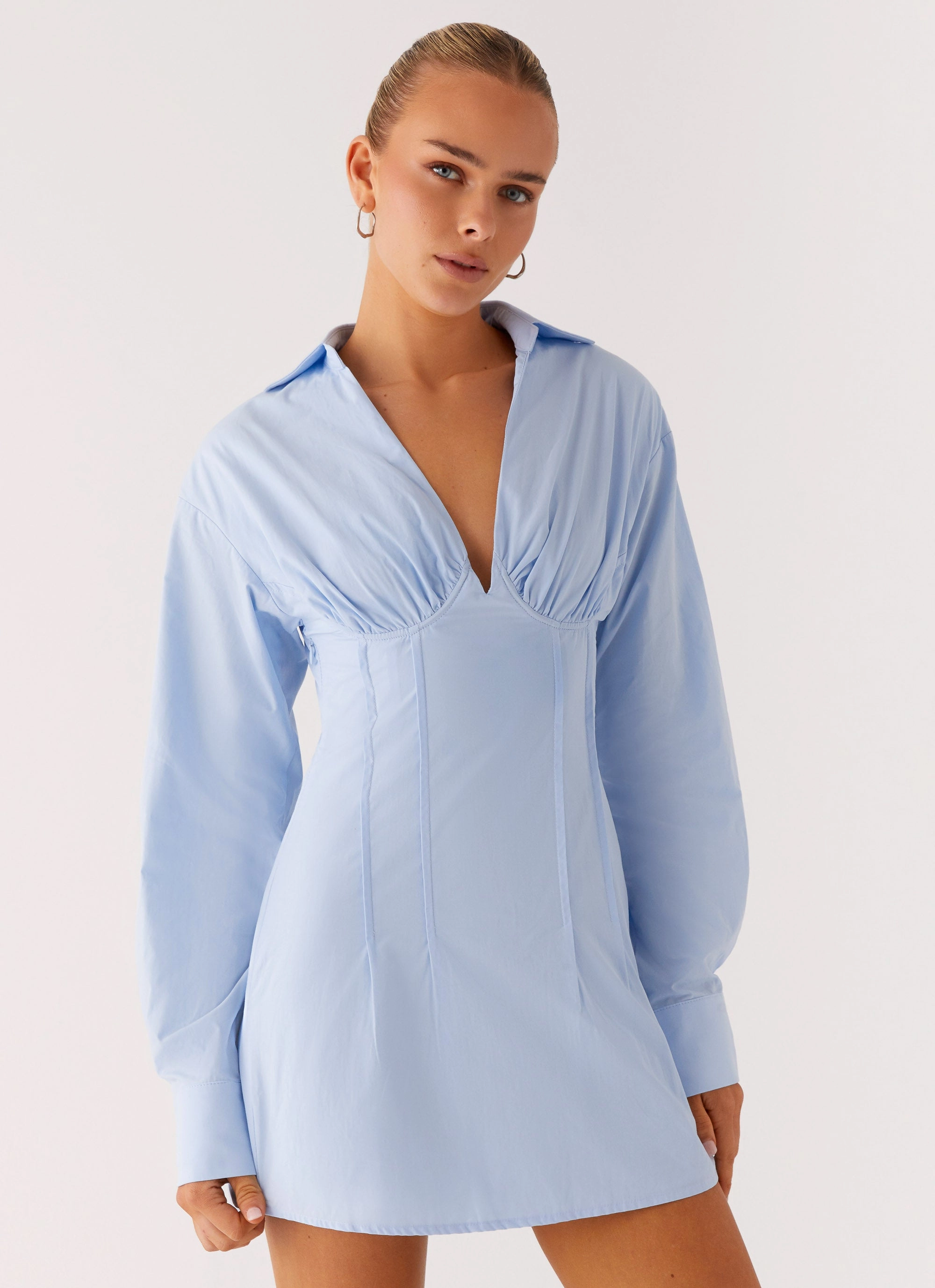 Sweetheart-Neck Cozy Mood Clancy Mini Shirt Dress - Blue
