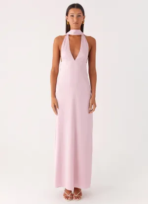 Classic Colors Alicia Satin Halter Maxi Dress - Baby Pink Distressed finish Gym Wear Alicia Satin Halter Maxi Dress - Baby Pink