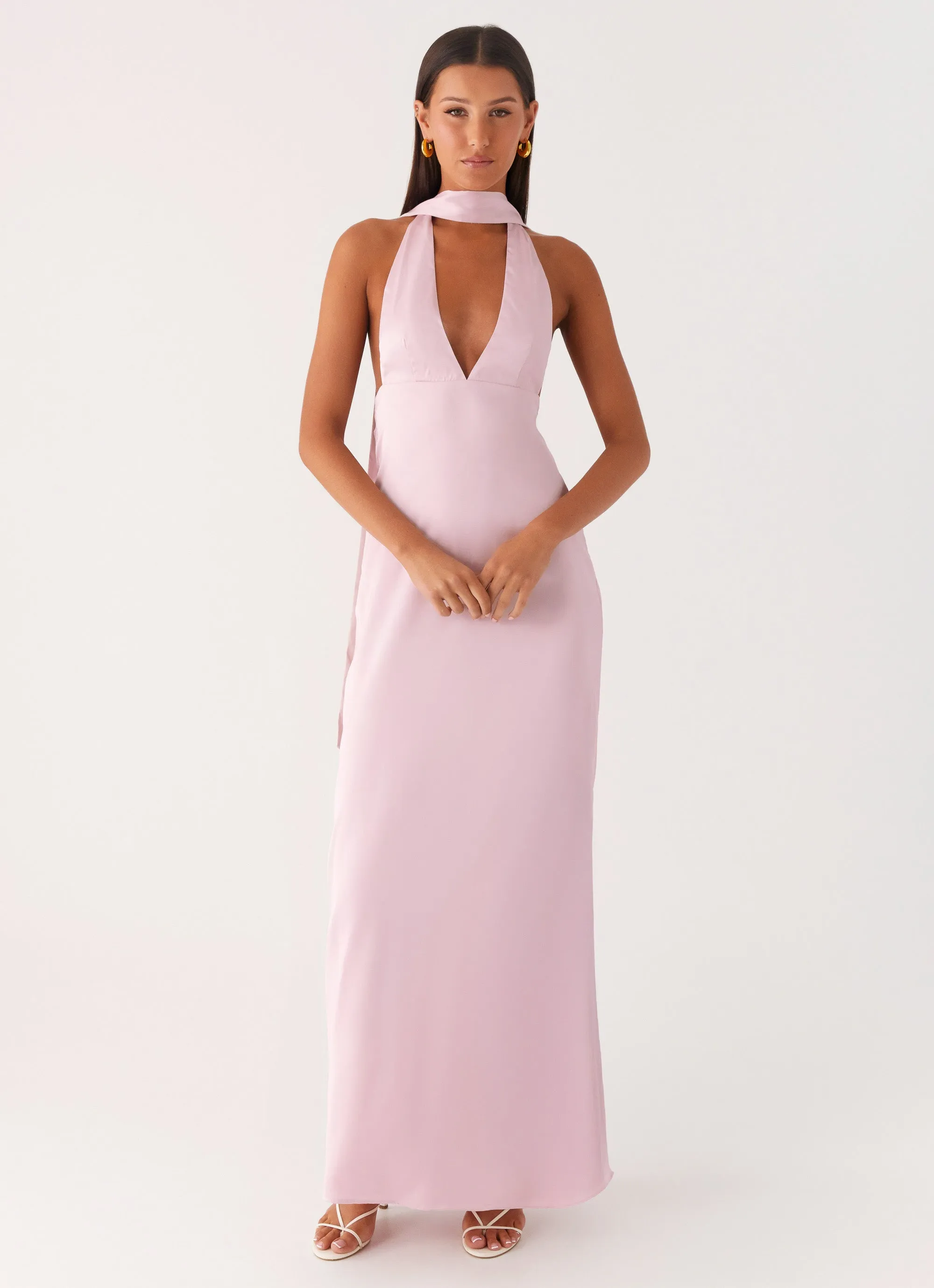 Alicia Satin Halter Maxi Dress - Baby Pink Smart Look