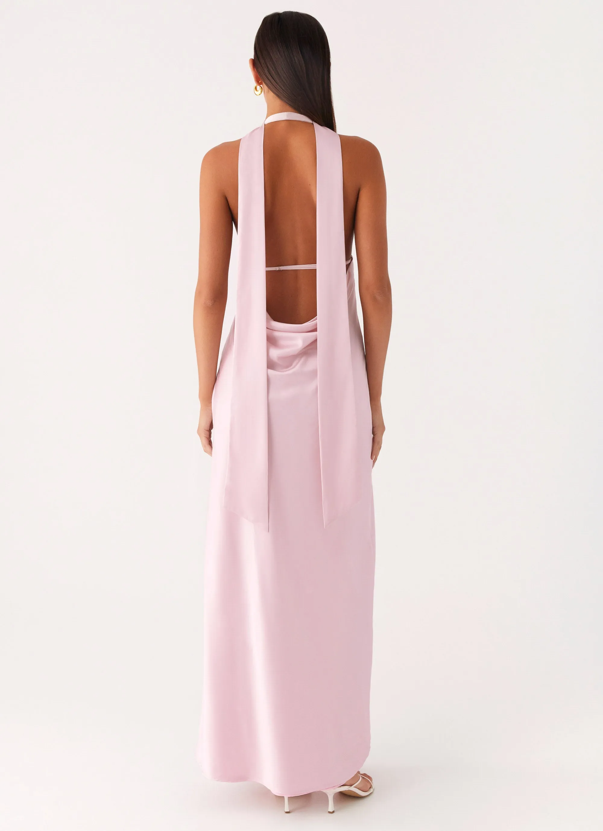 Business casual high-low hem Alicia Satin Halter Maxi Dress - Baby Pink