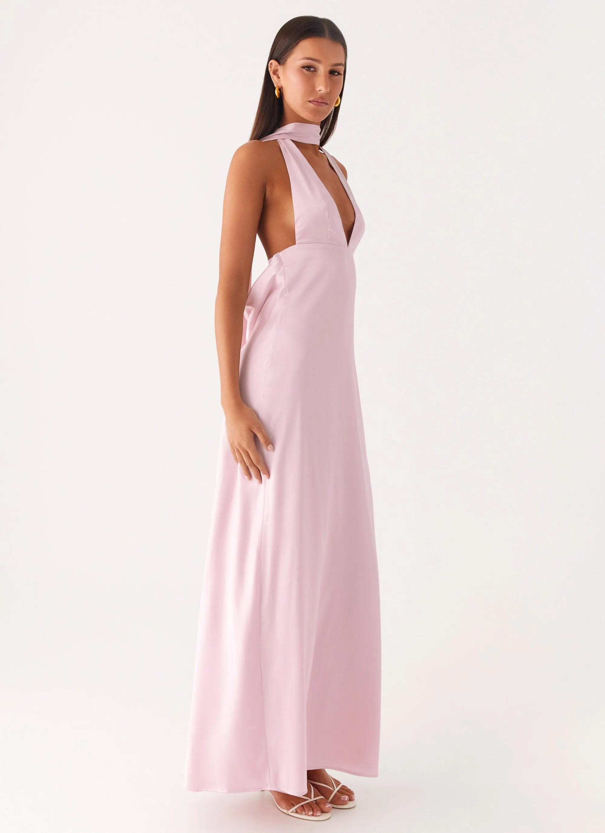 Alicia Satin Halter Maxi Dress - Baby Pink Tagless label Button-up