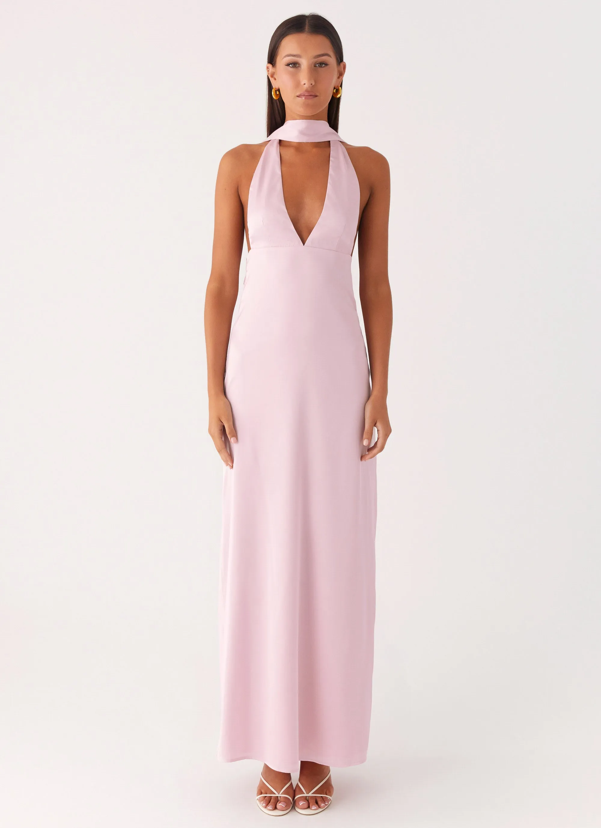 Distressed finish Gym Wear Alicia Satin Halter Maxi Dress - Baby Pink