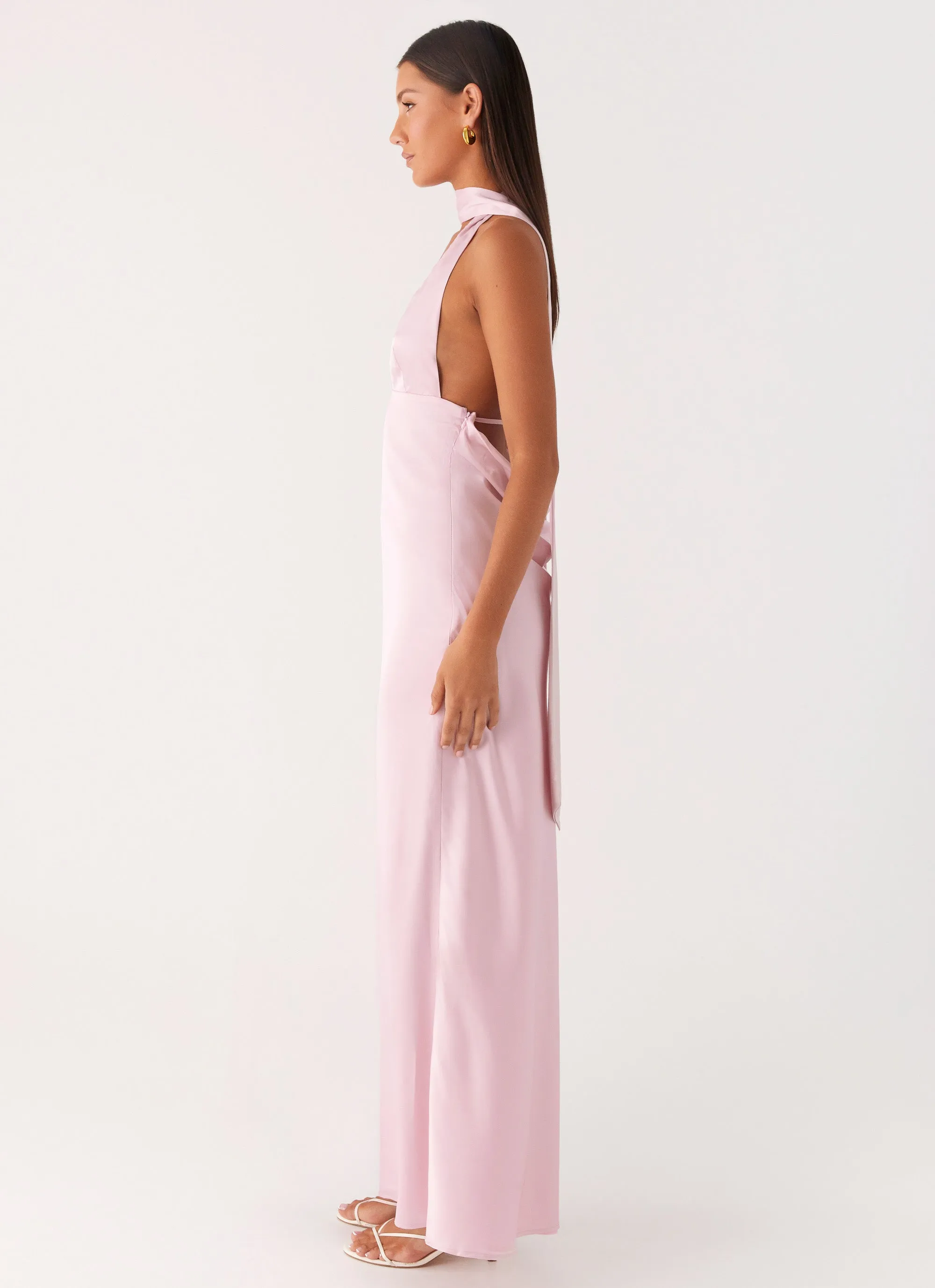 Alicia Satin Halter Maxi Dress - Baby Pink Subtle Details