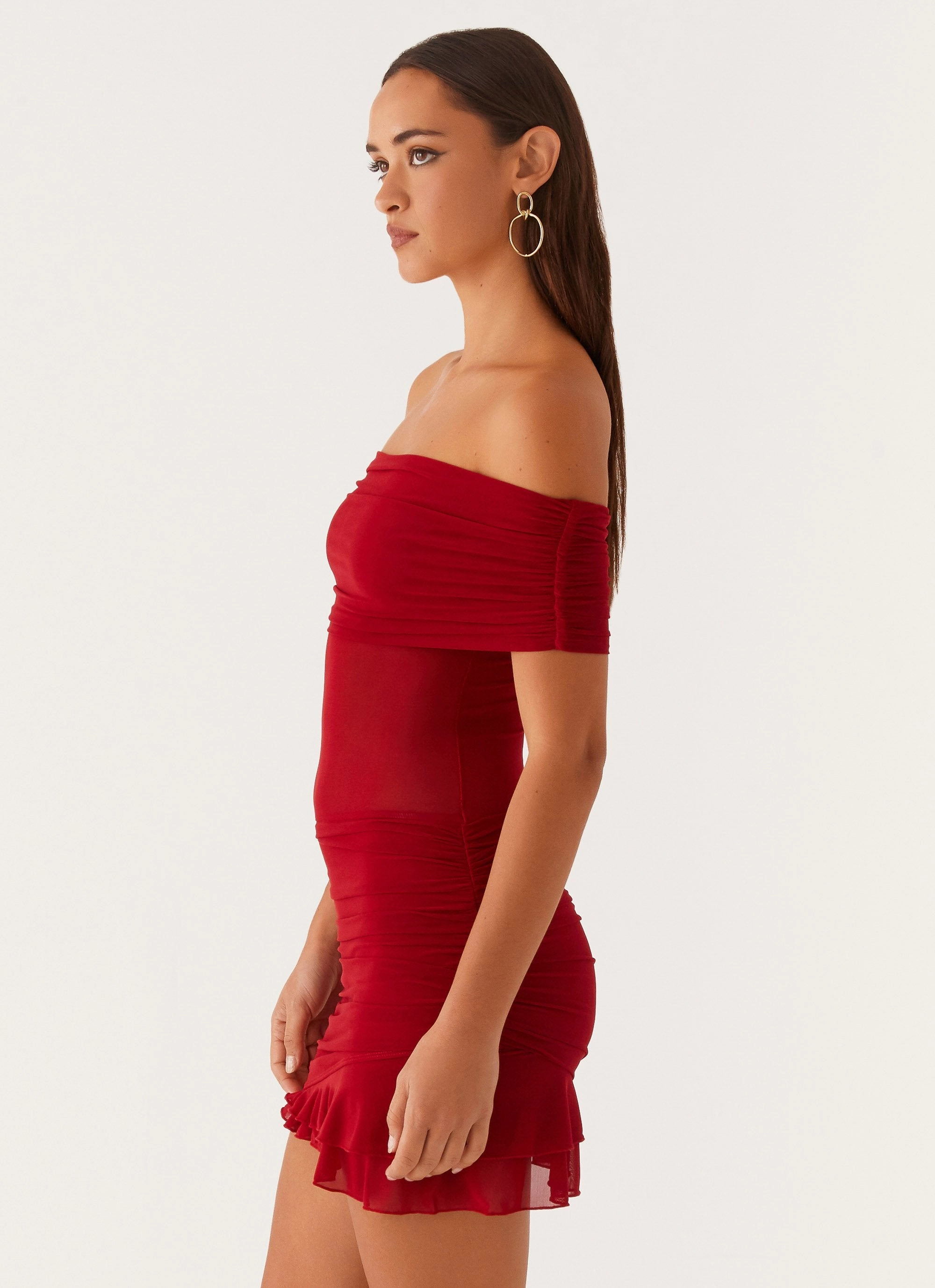 Nelly Off Shoulder Mini Dress - Deep Red Sweet Mood
