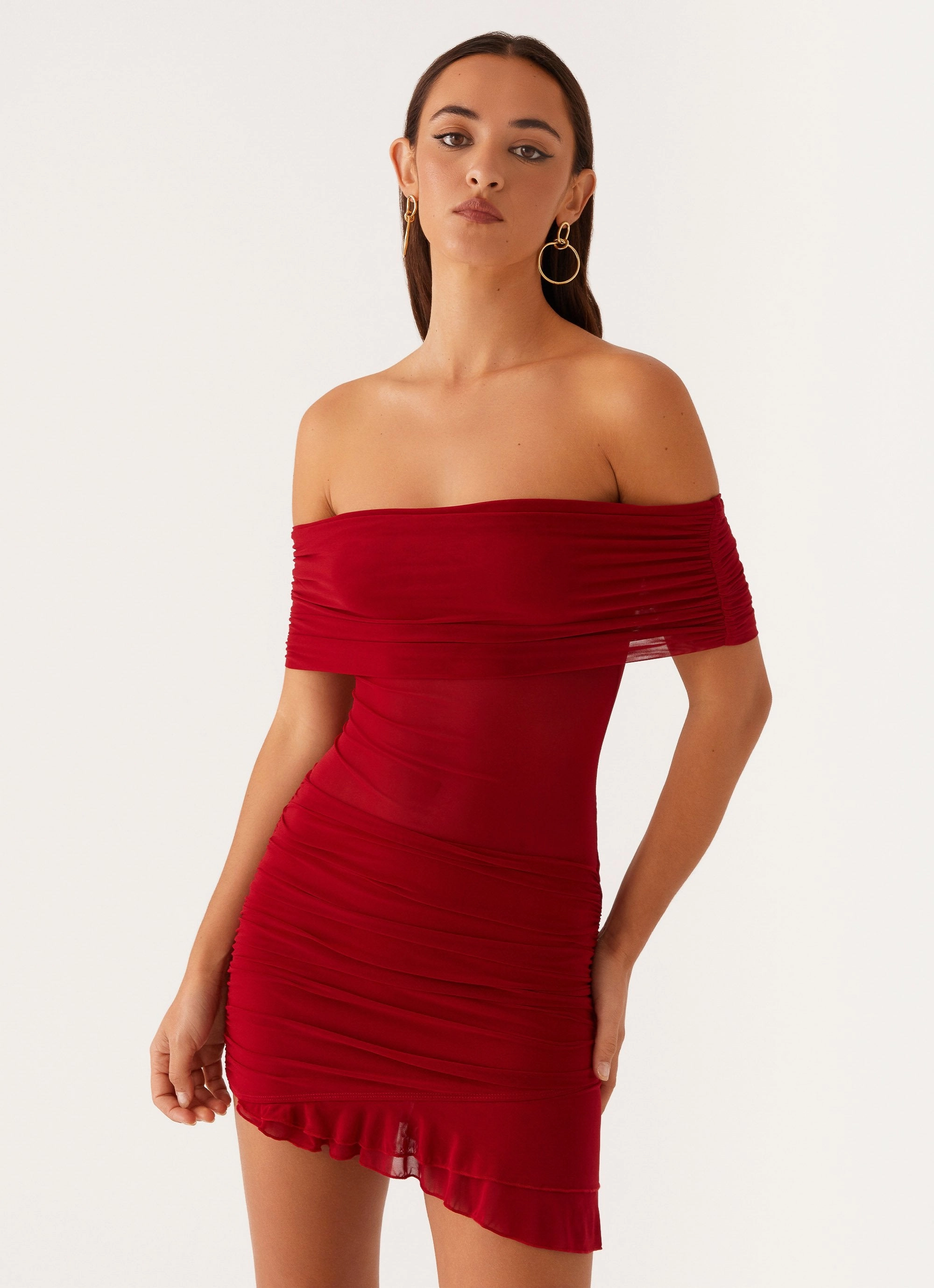 Nelly Off Shoulder Mini Dress - Deep Red All Season Style Fashion Fit