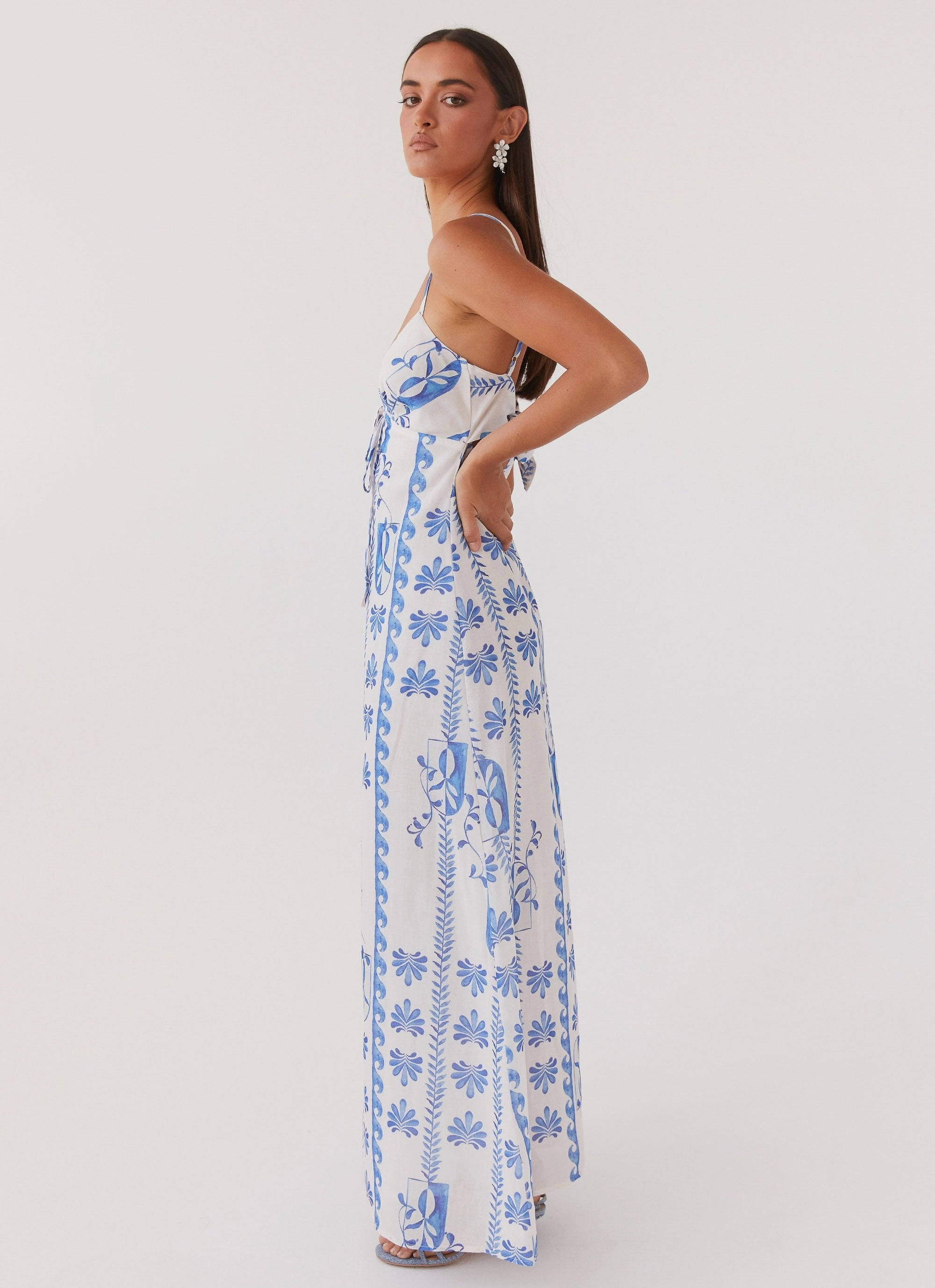 Classic Waistband Stylish Cut Flora Linen Maxi Dress - Floral Wave