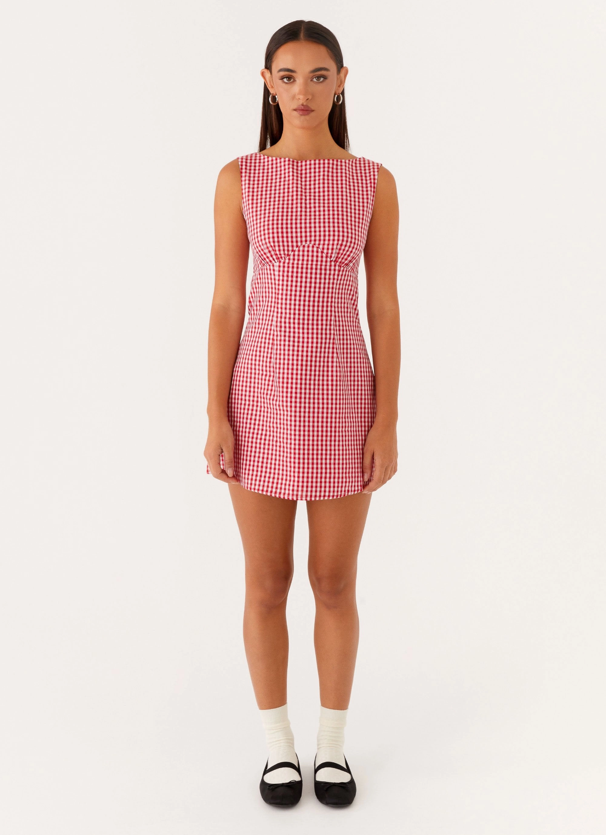 Lotus Tie Back Mini Dress - Red Gingham Comfy Detail Cool Draping
