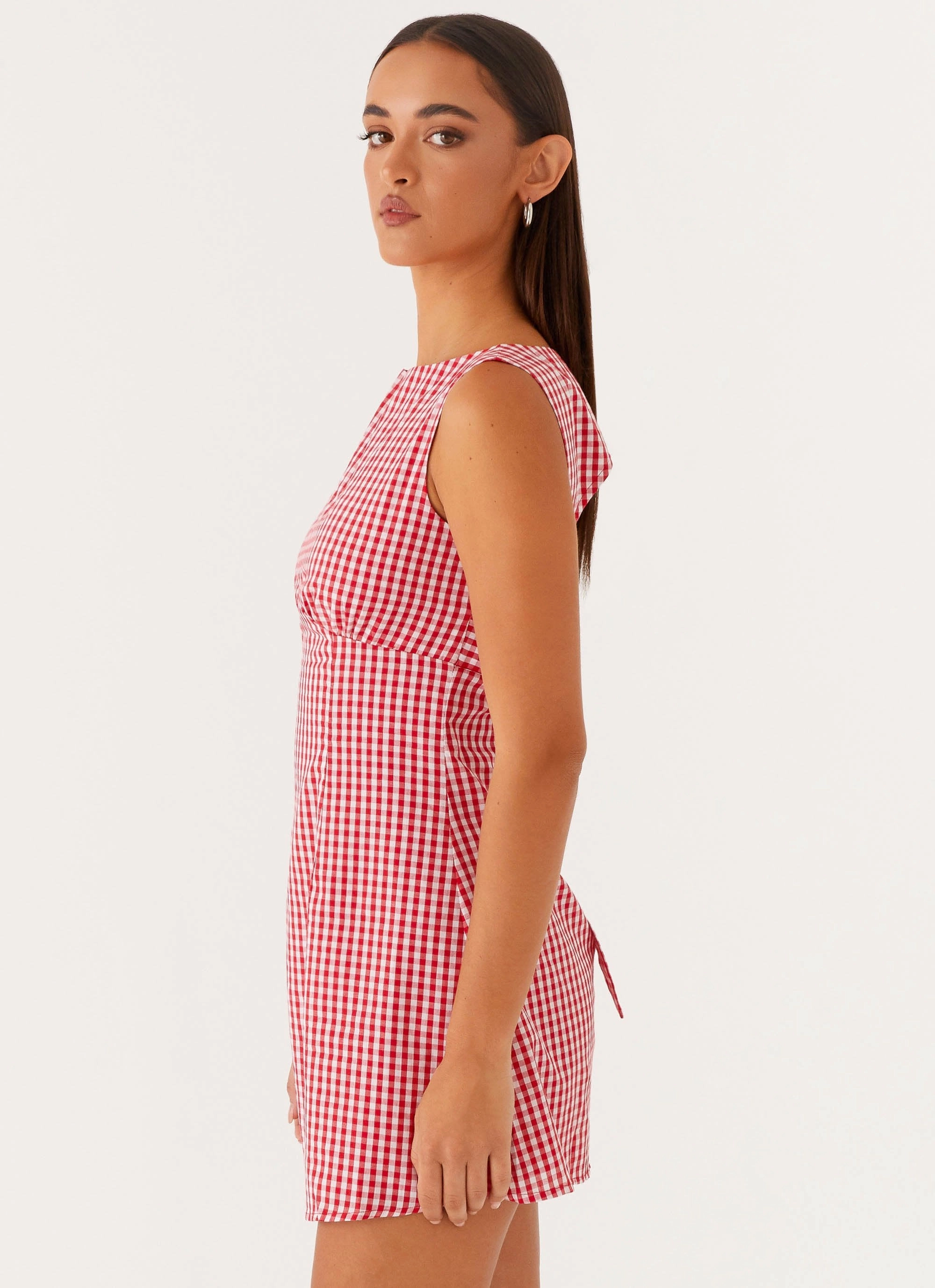 Glam Feel Lotus Tie Back Mini Dress - Red Gingham