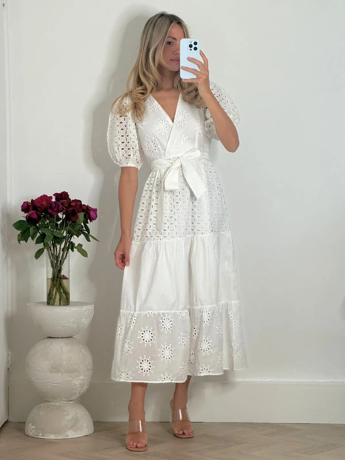 Active Moments Claudia Puff Sleeve Broderie Midaxi Dress in White