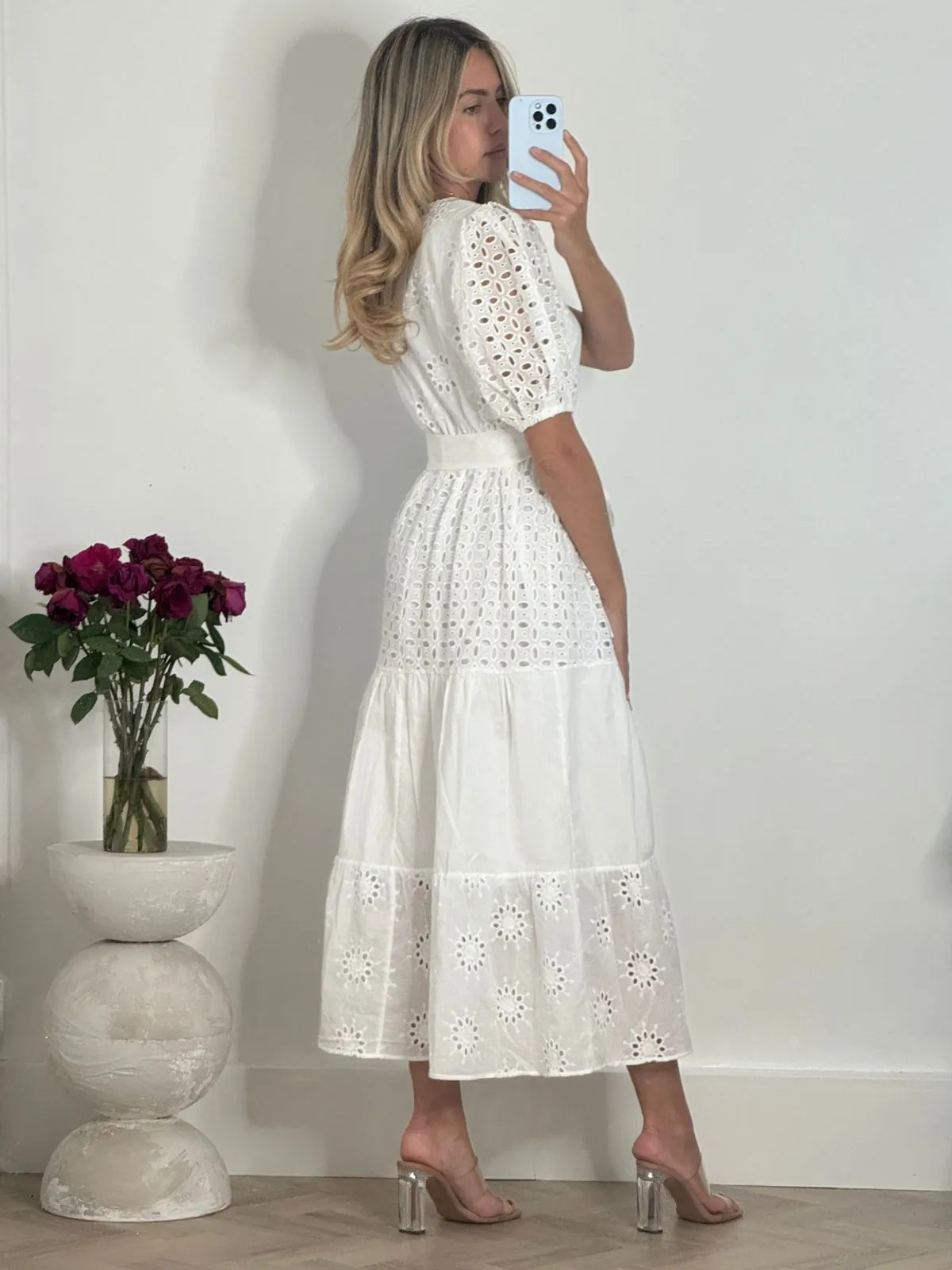Garden Scene Claudia Puff Sleeve Broderie Midaxi Dress in White